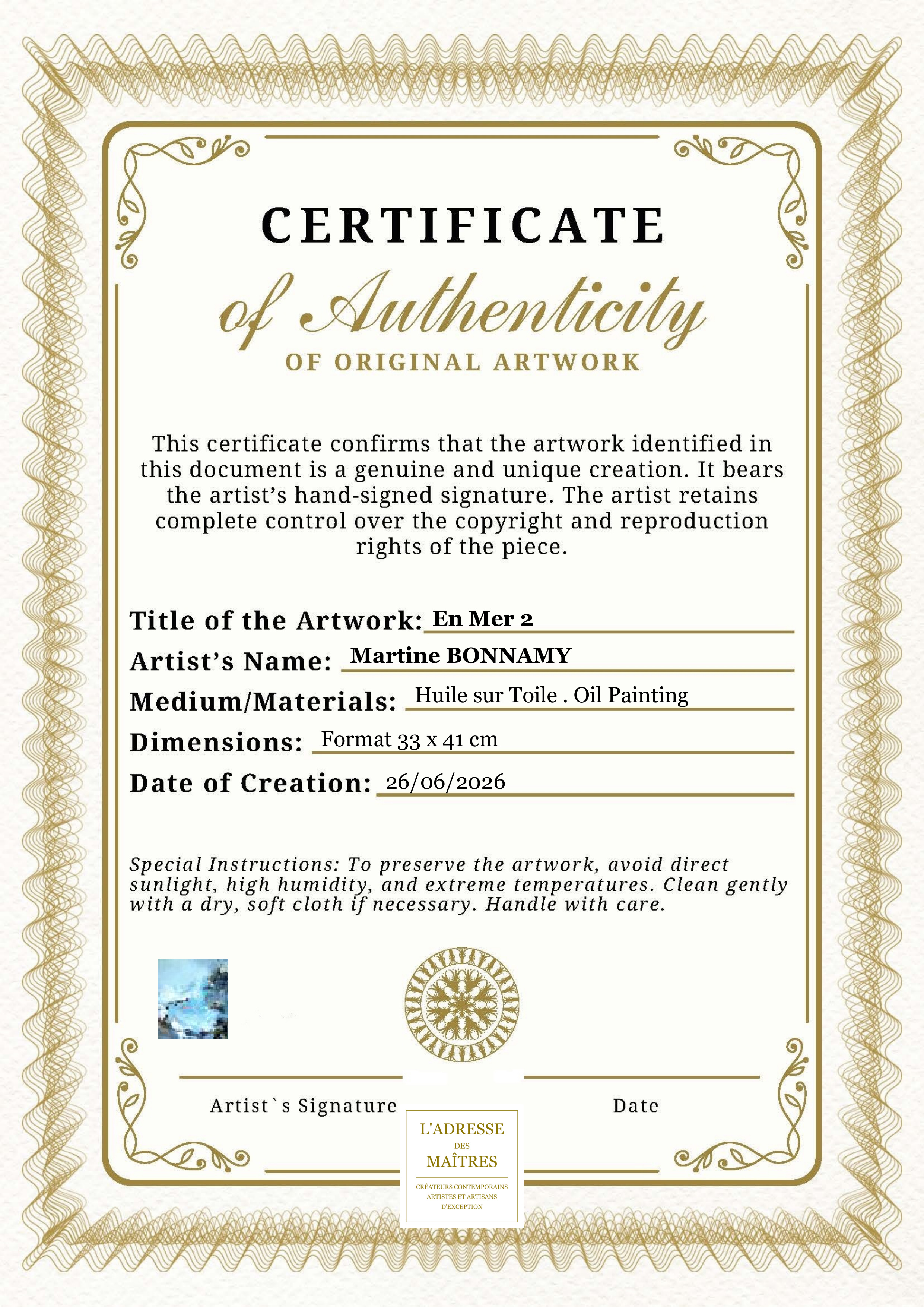 Certificat d'authenticité — En Mer 2 — Martine BONNAMY