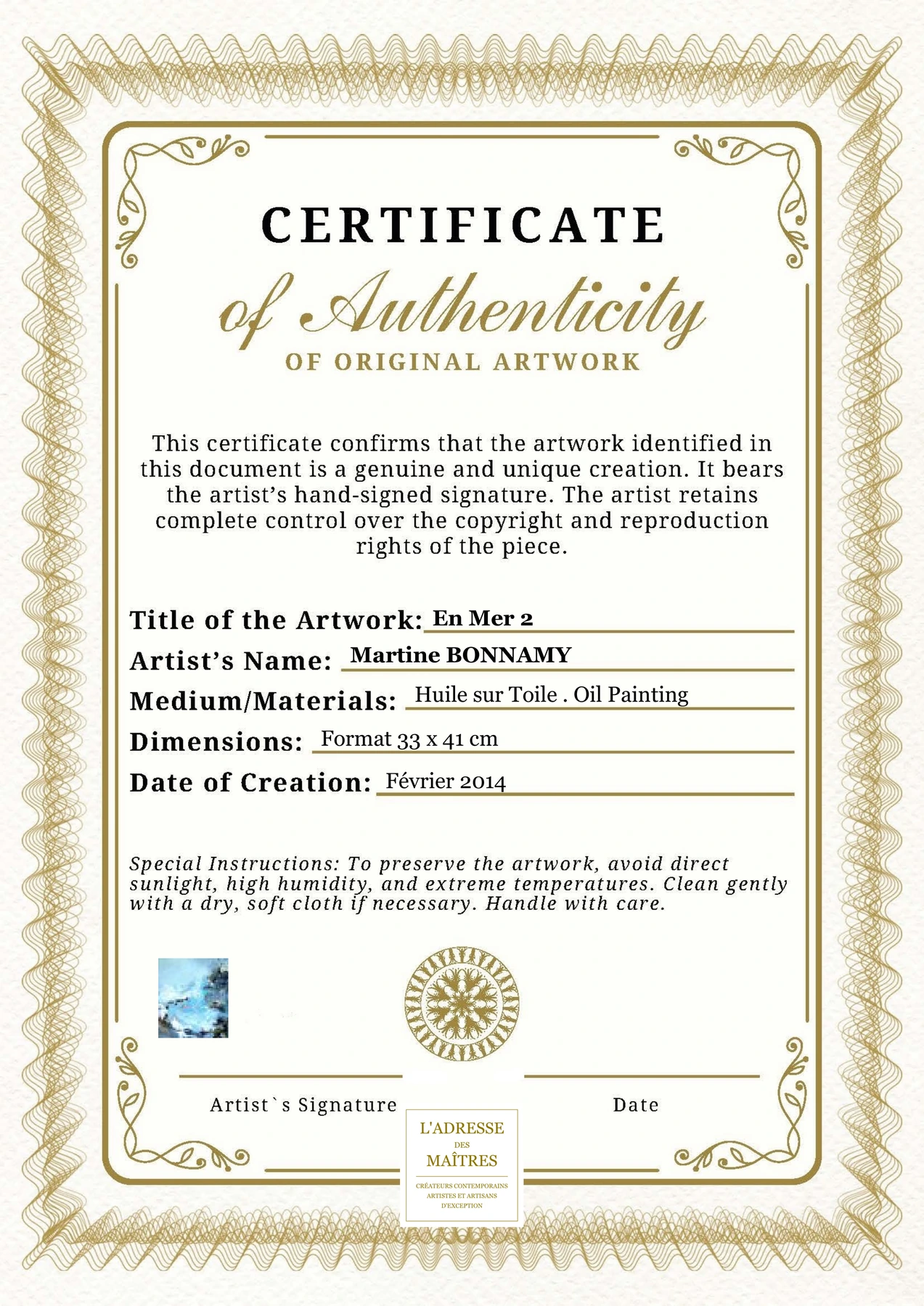 Certificat d'authenticité - En Mer 2 - Martine BONNAMY