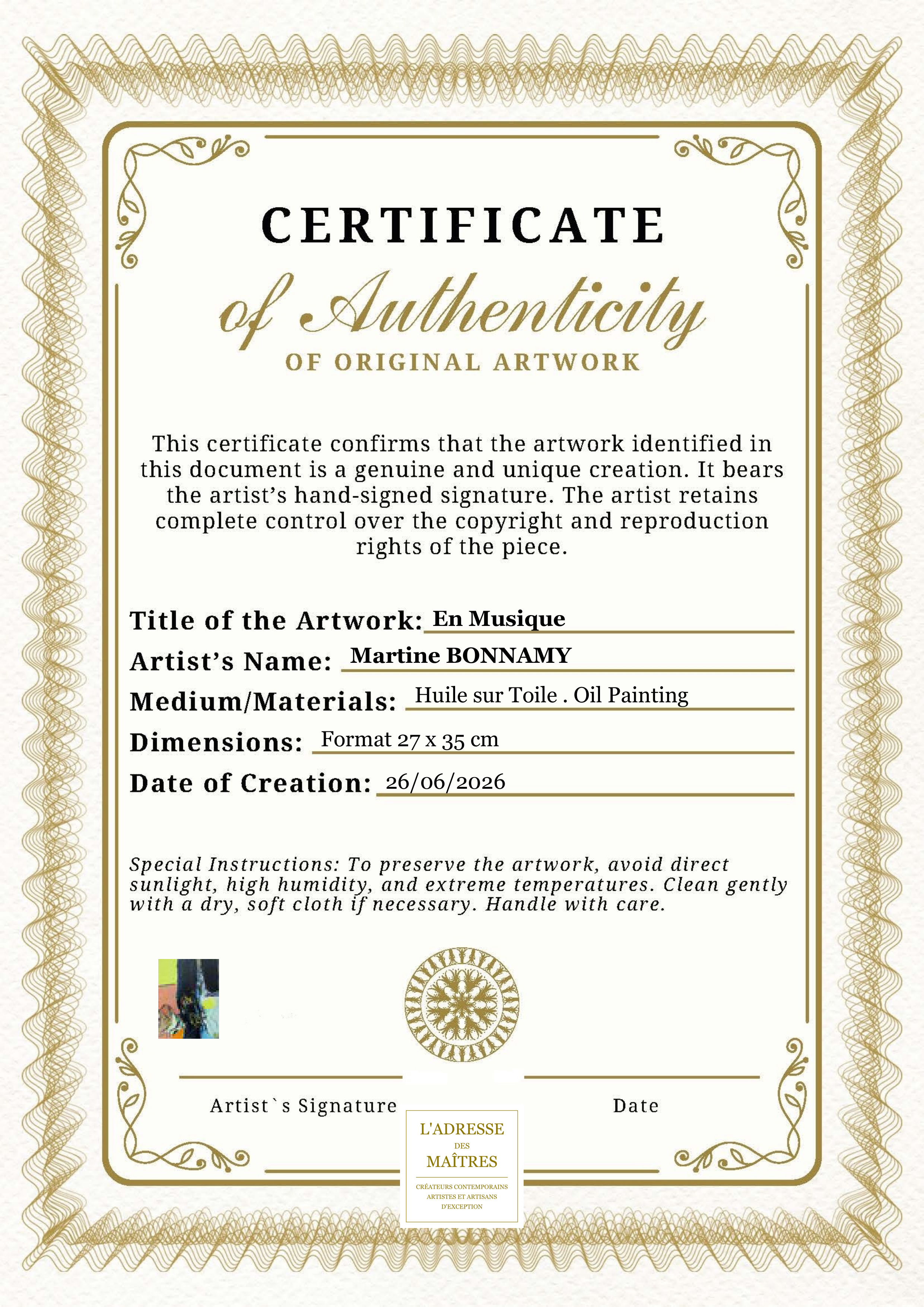 Certificat d'authenticité — En Musique — Martine BONNAMY