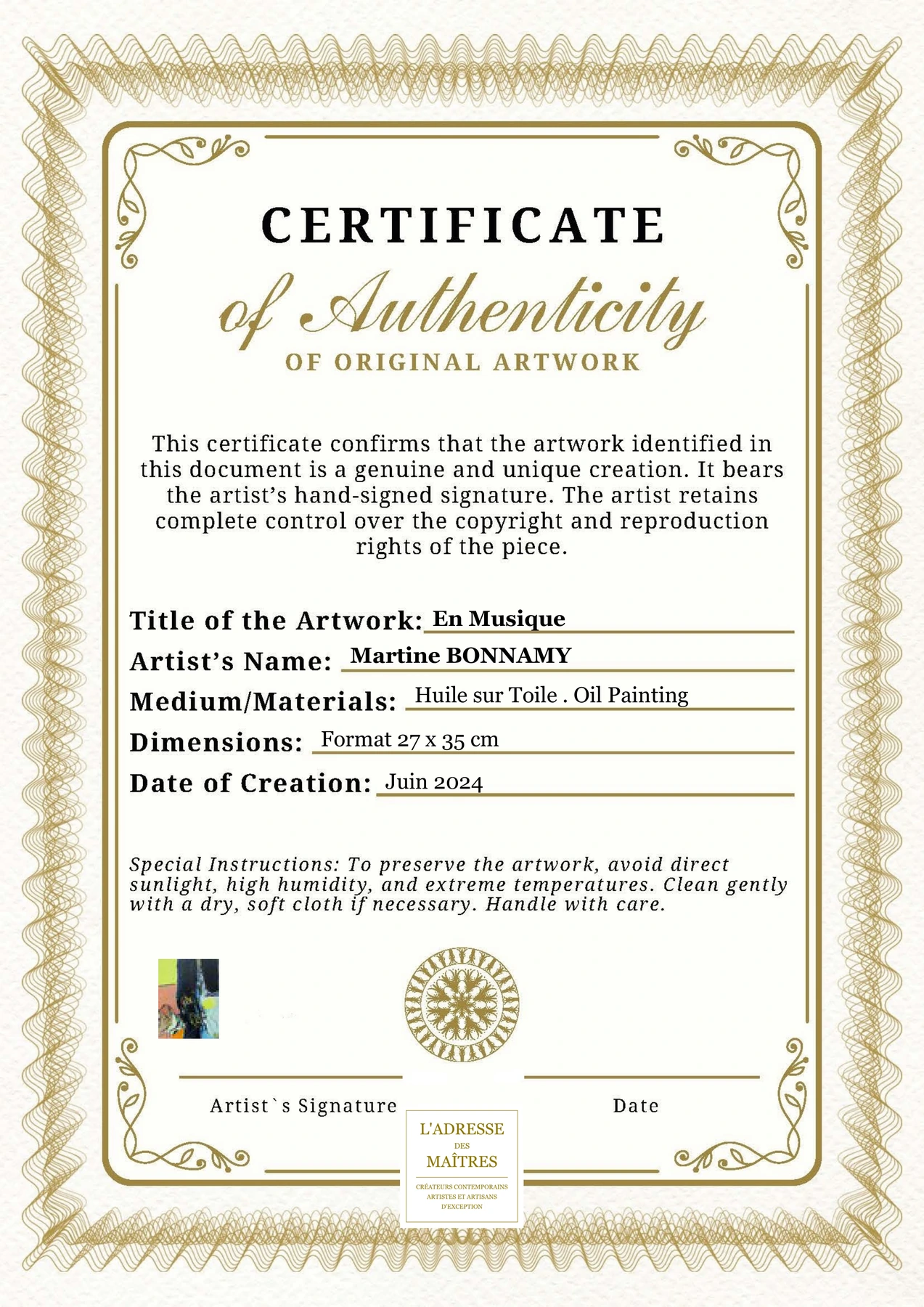 Certificat d'authenticité - En Musique - Martine BONNAMY