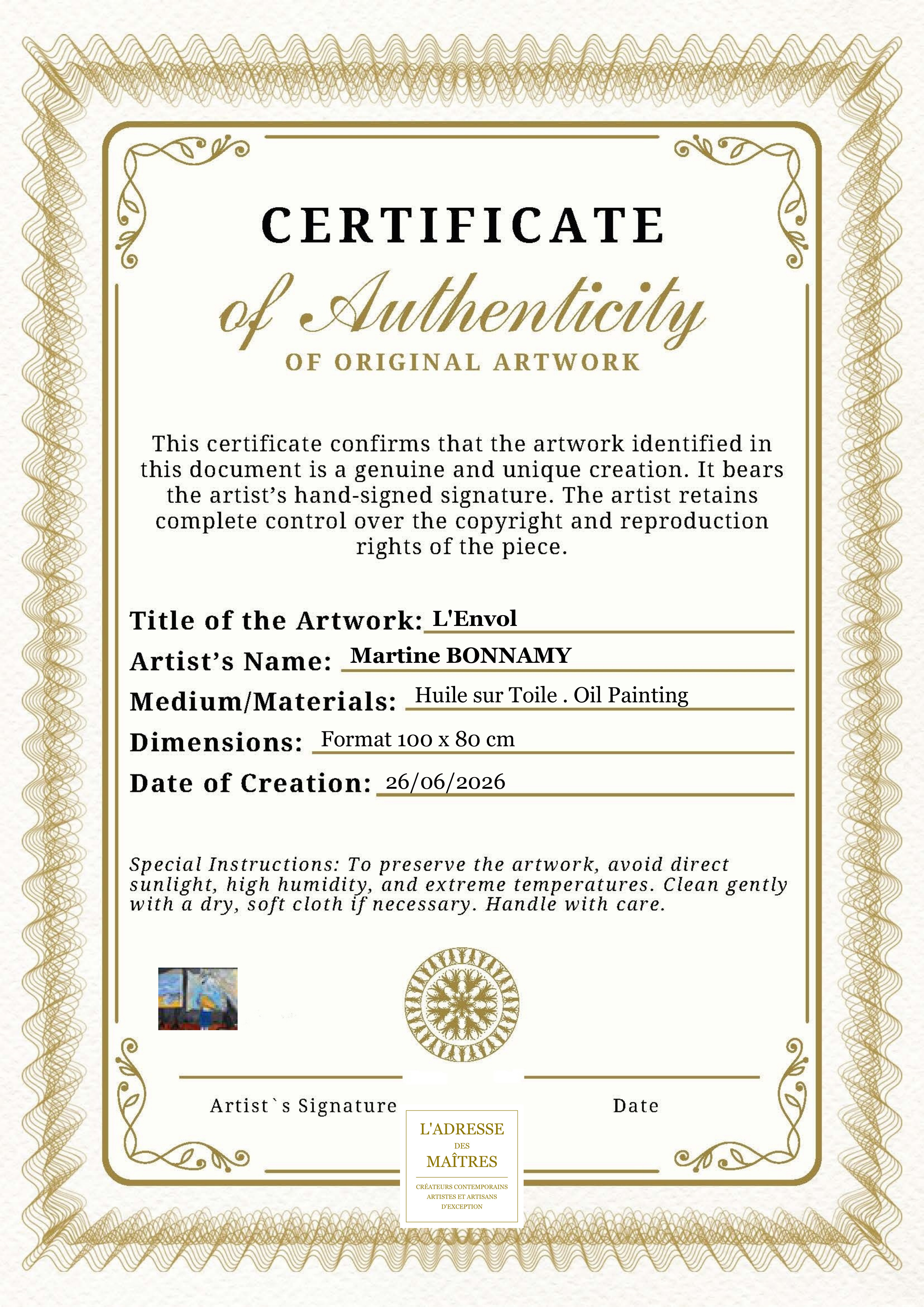 Certificat d'authenticité — L'Envol — Martine BONNAMY