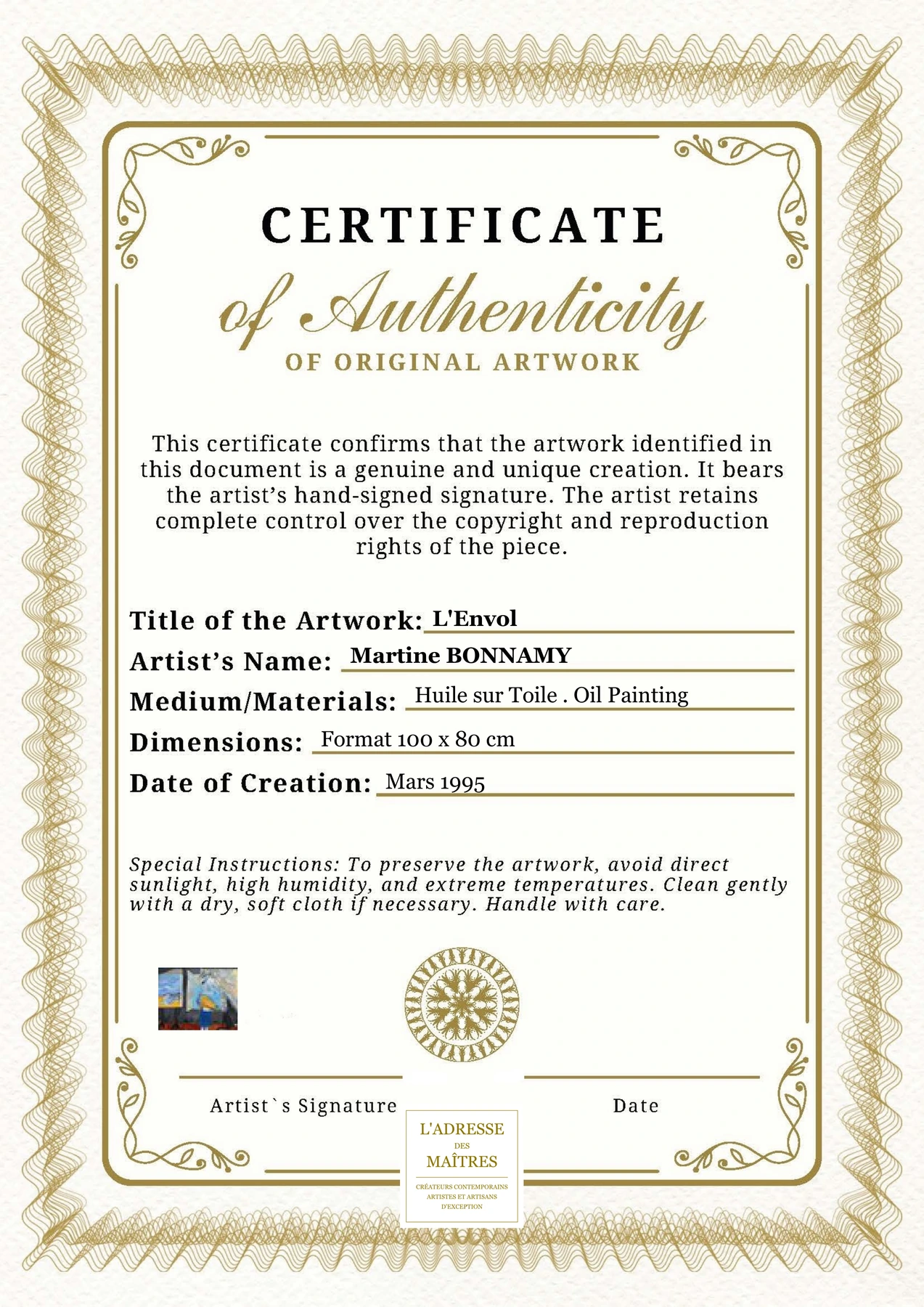 Certificat d'authenticité - L'Envol - Martine BONNAMY