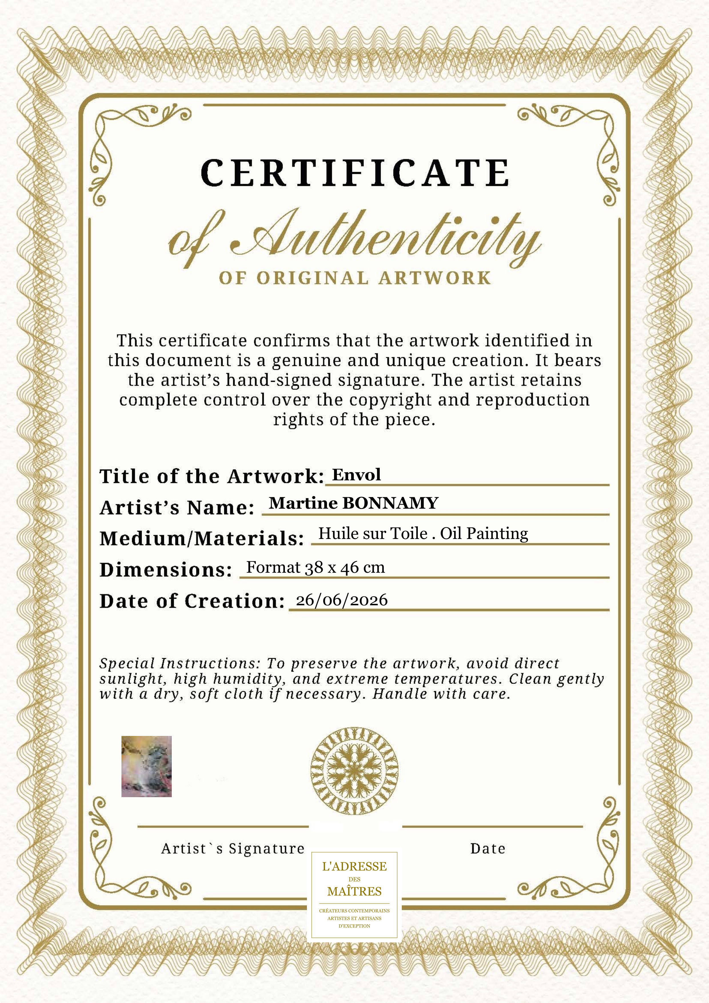 Certificat d'authenticité — Envol — Martine BONNAMY