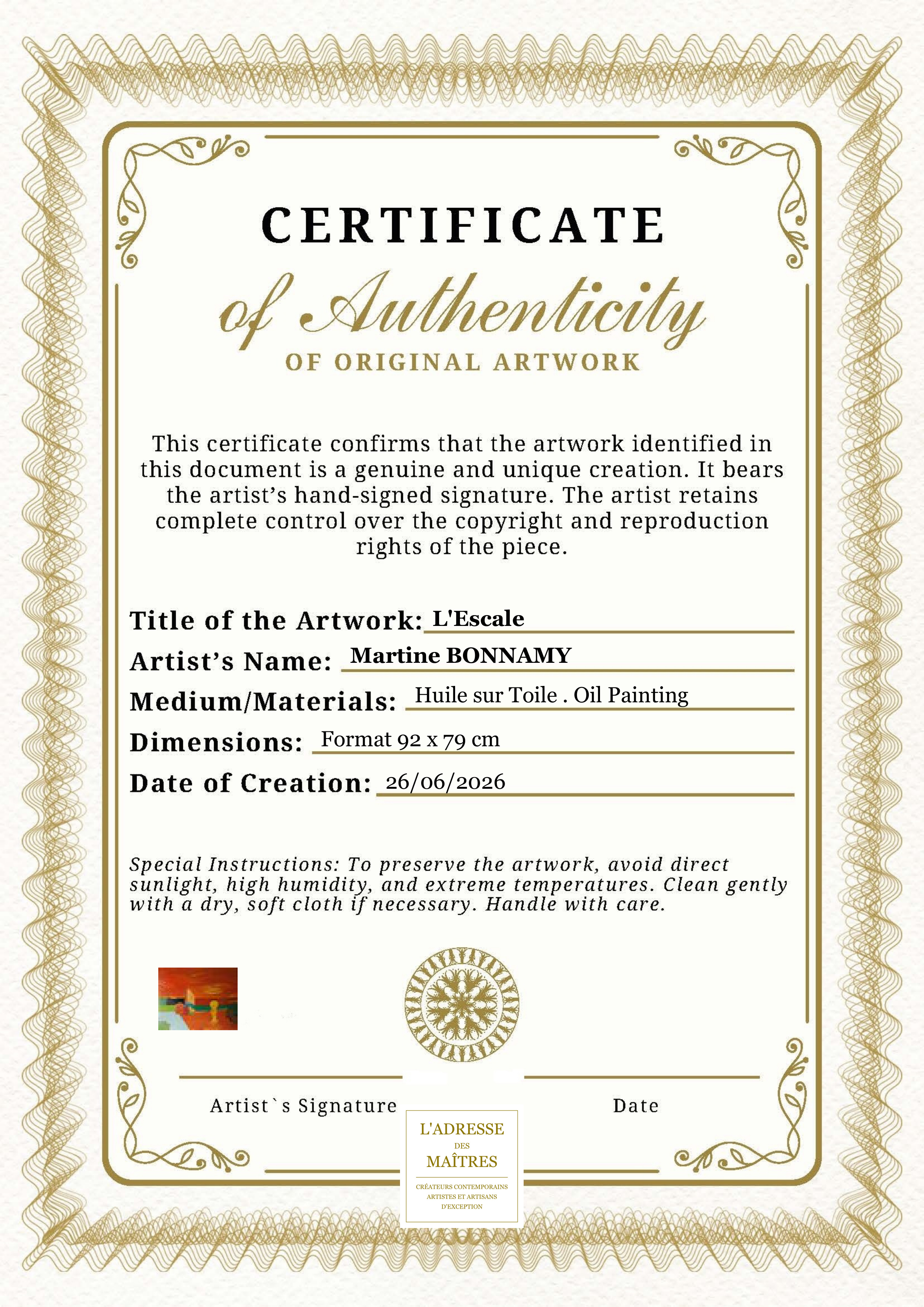Certificat d'authenticité — L'Escale — Martine BONNAMY
