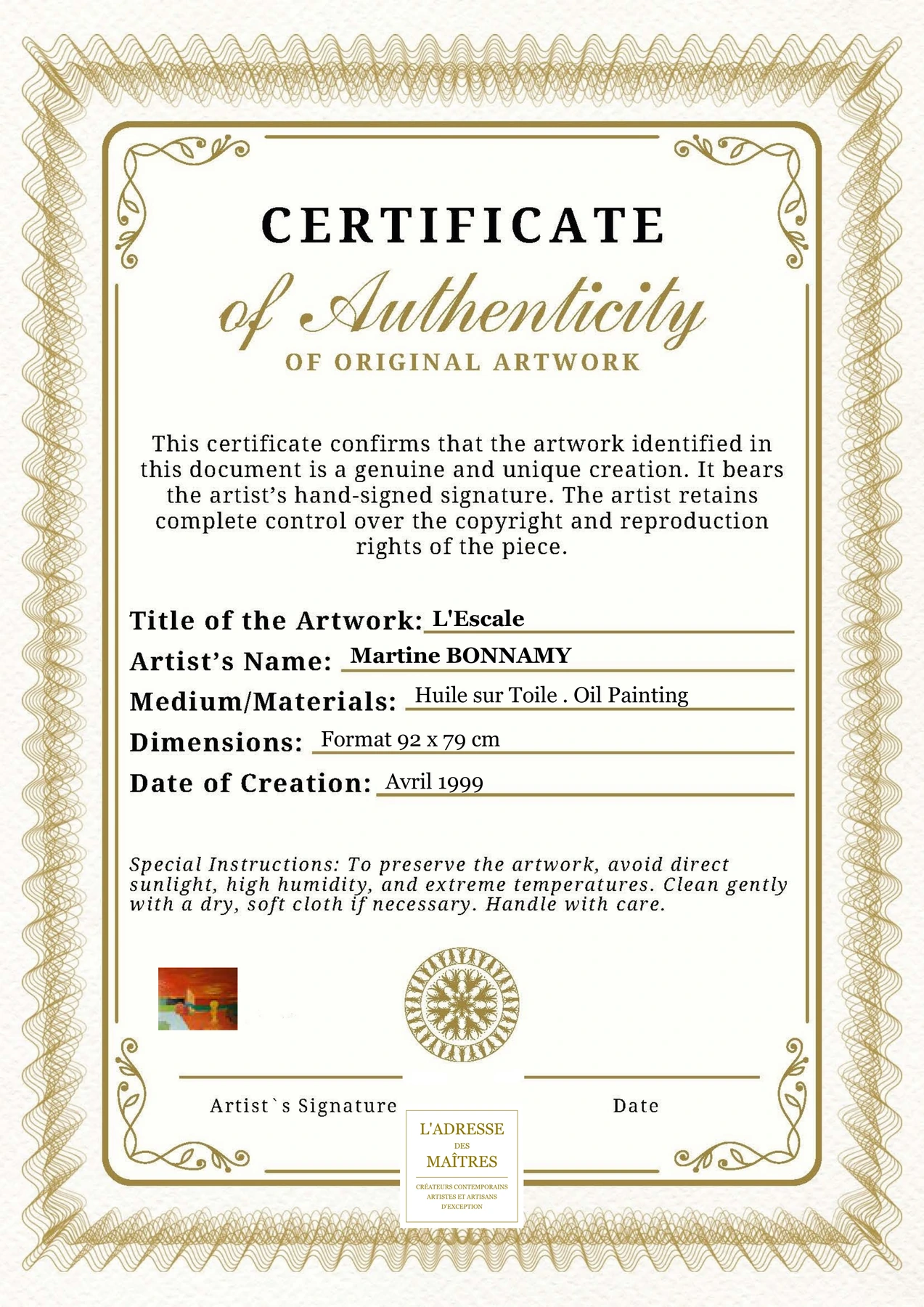 Certificat d'authenticité - L'Escale - Martine BONNAMY