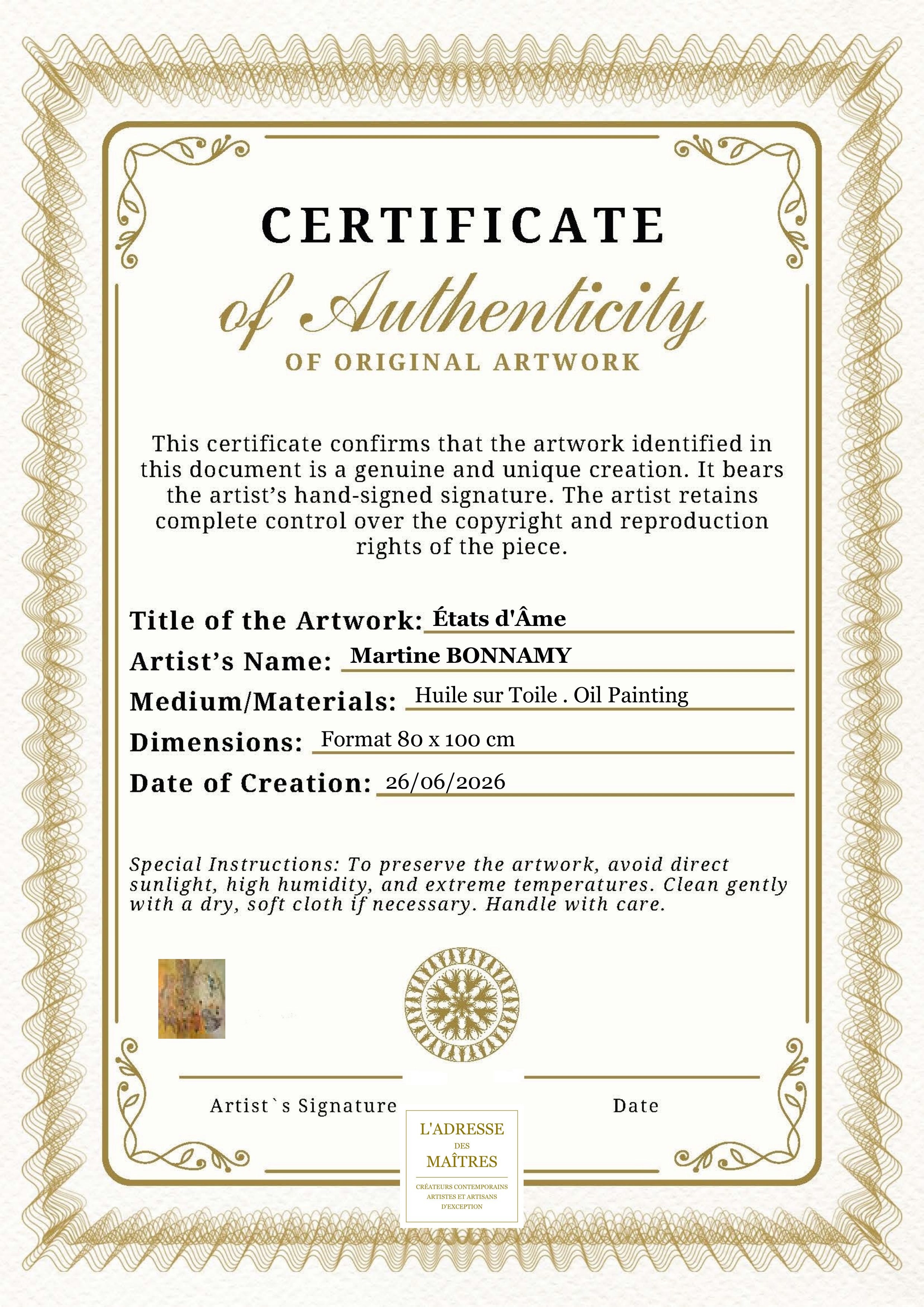 Certificat d'authenticité — États d'Âme — Martine BONNAMY