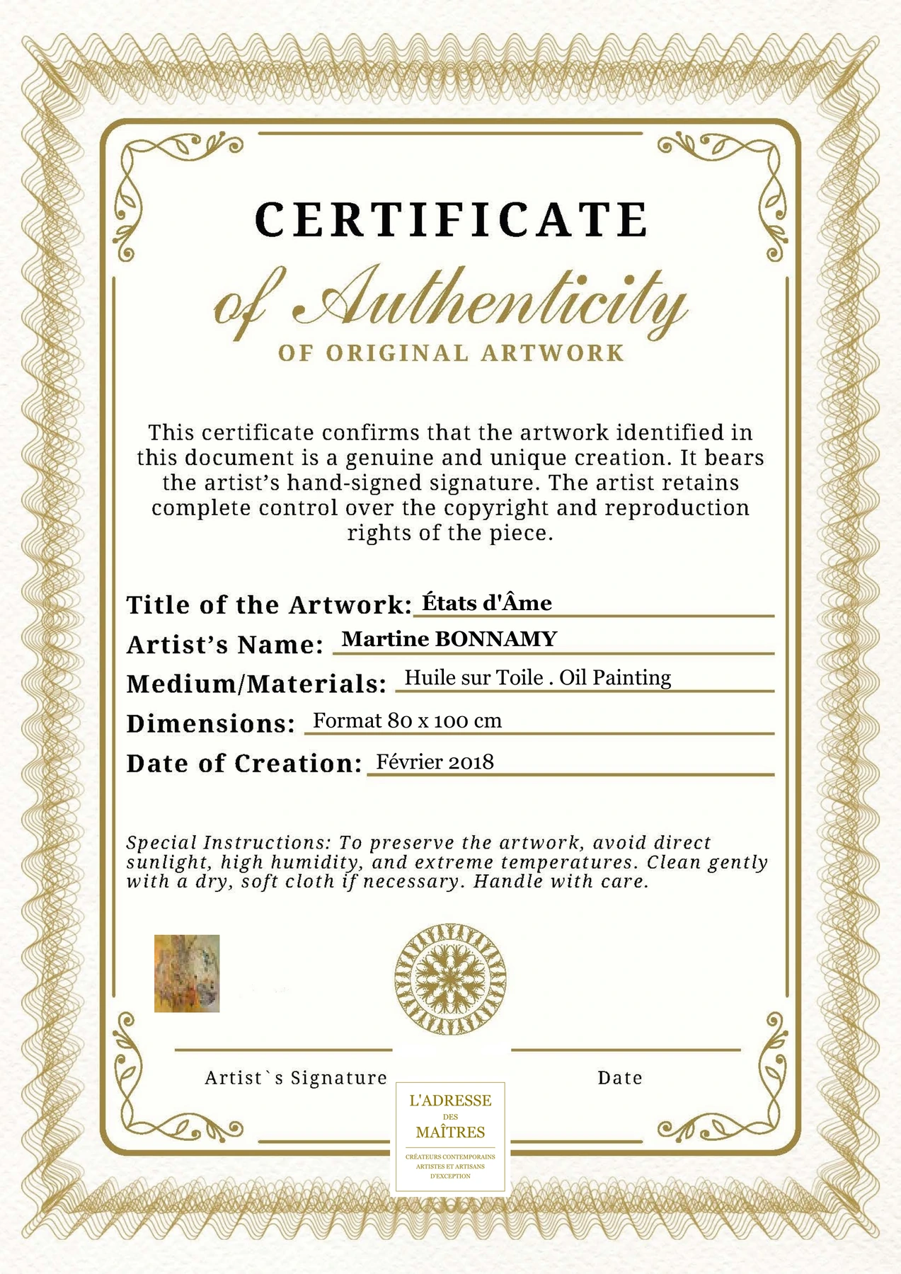 Certificat d'authenticité - États d'Âme - Martine BONNAMY