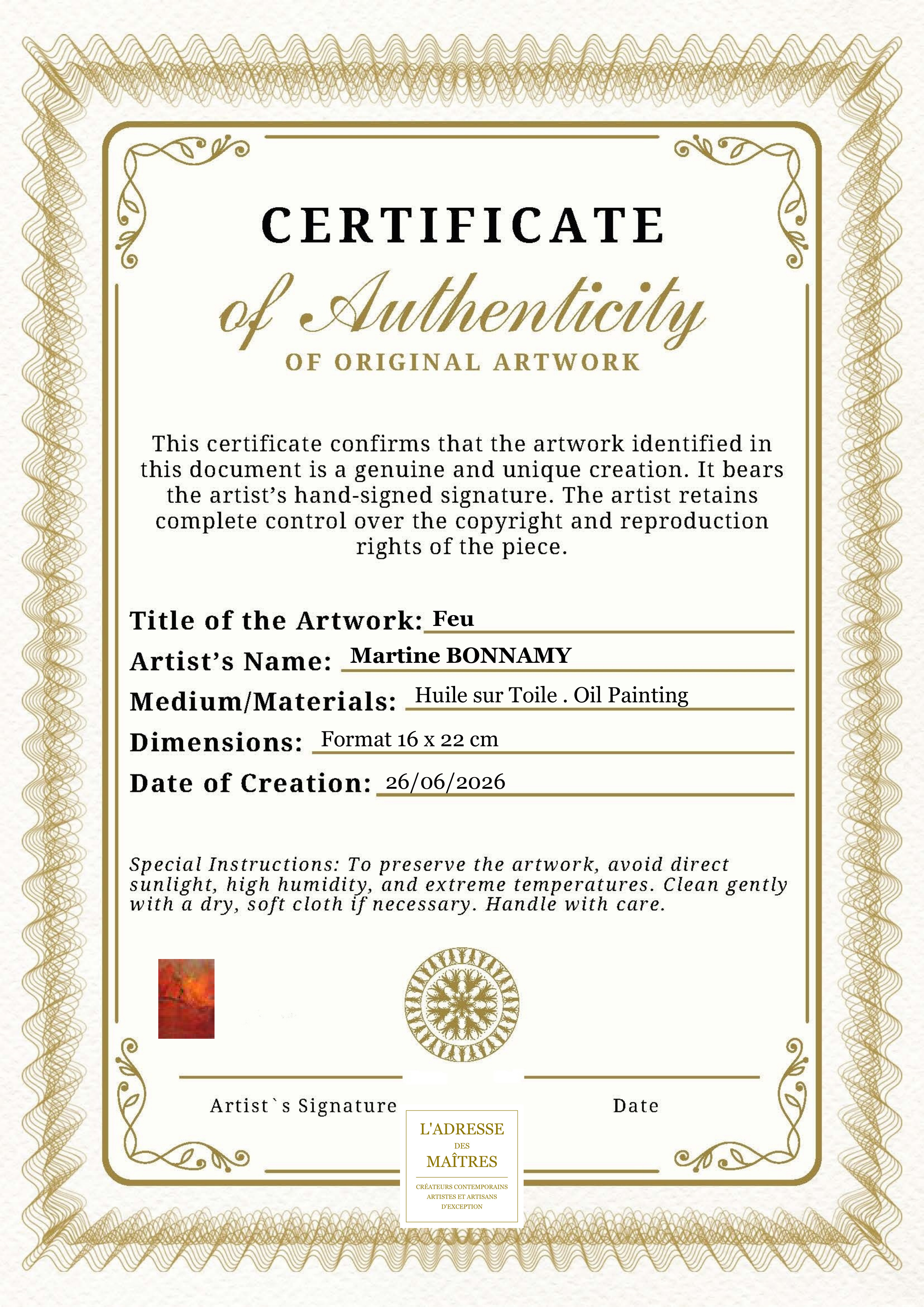 Certificat d'authenticité — Feu — Martine BONNAMY