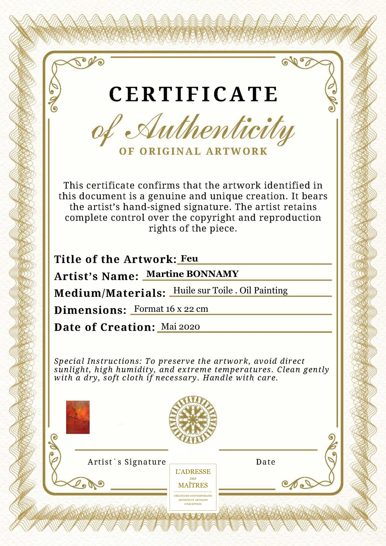 Certificat d'authenticité - Feu - Martine BONNAMY