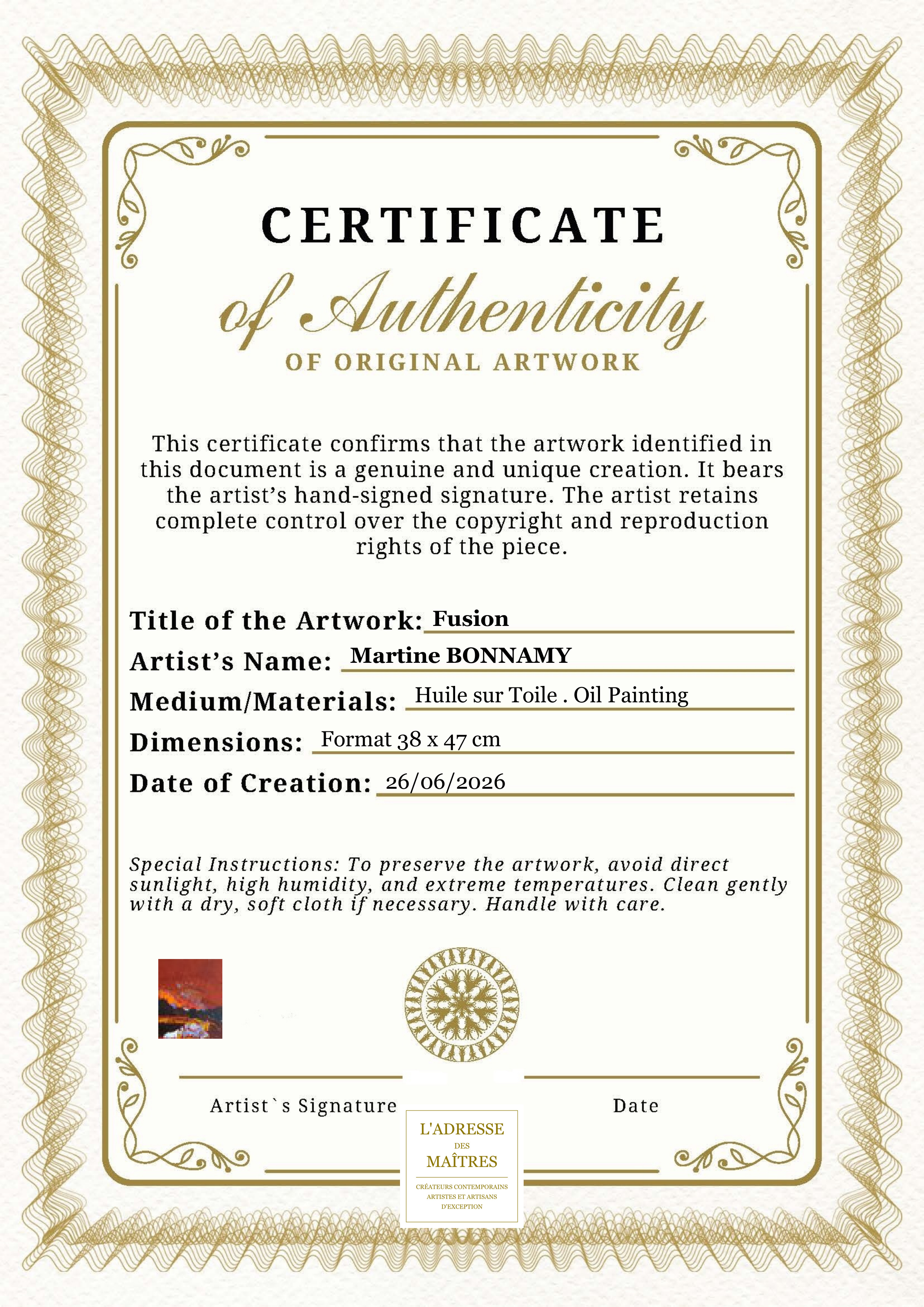 Certificat d'authenticité — Fusion — Martine BONNAMY