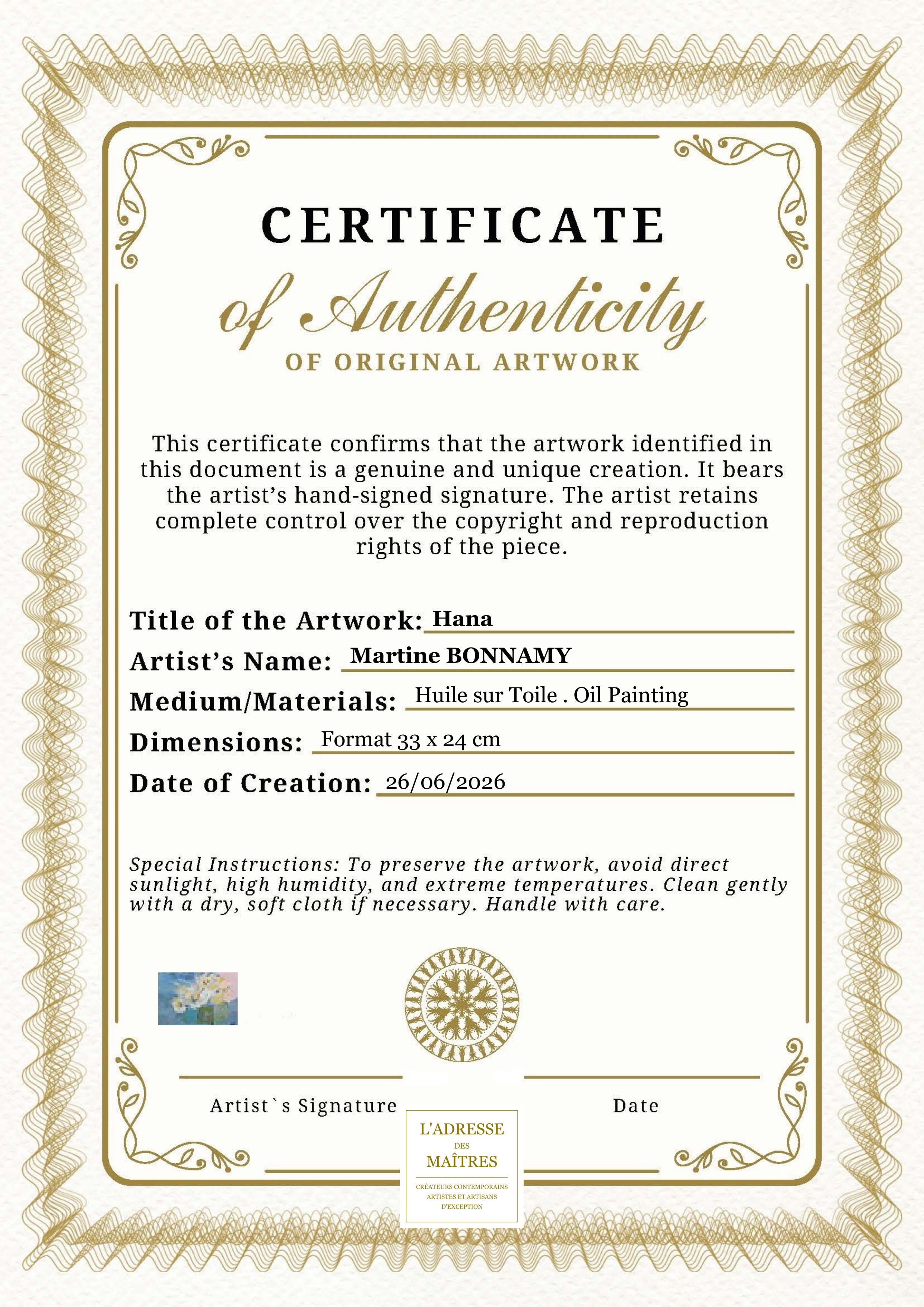 Certificat d'authenticité — Hana — Martine BONNAMY