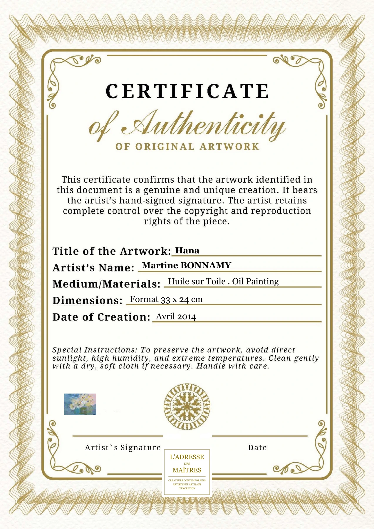 Certificat d'authenticité - Hana - Martine BONNAMY