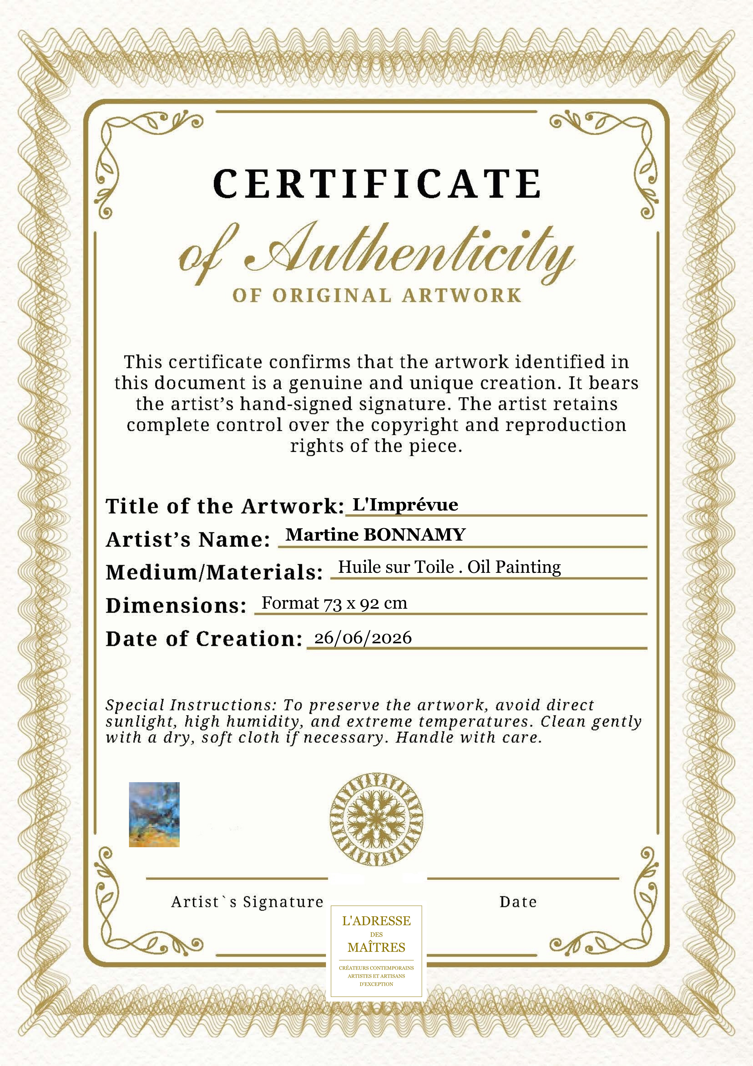 Certificat d'authenticité — L'Imprévue — Martine BONNAMY