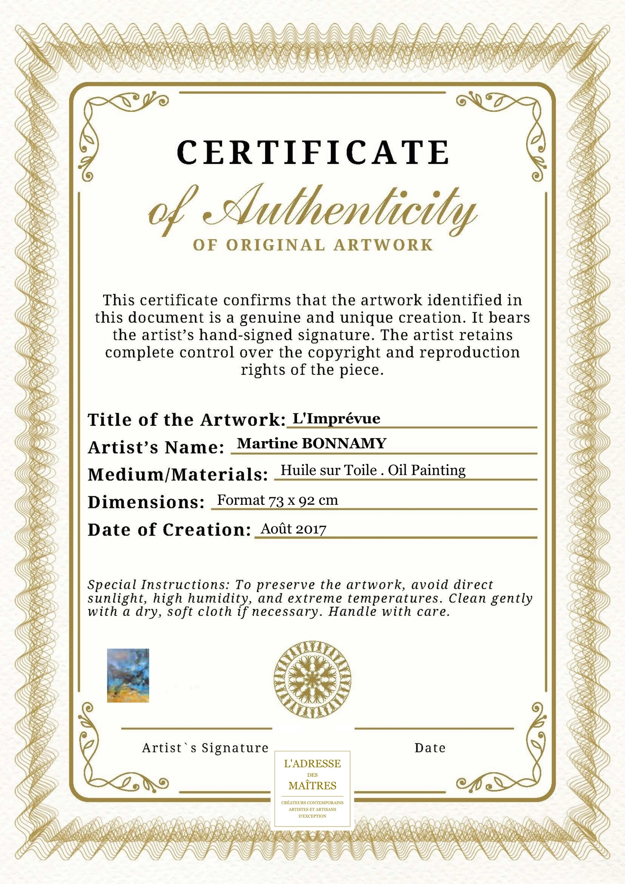 Certificat d'authenticité - L'Imprévue - Martine BONNAMY