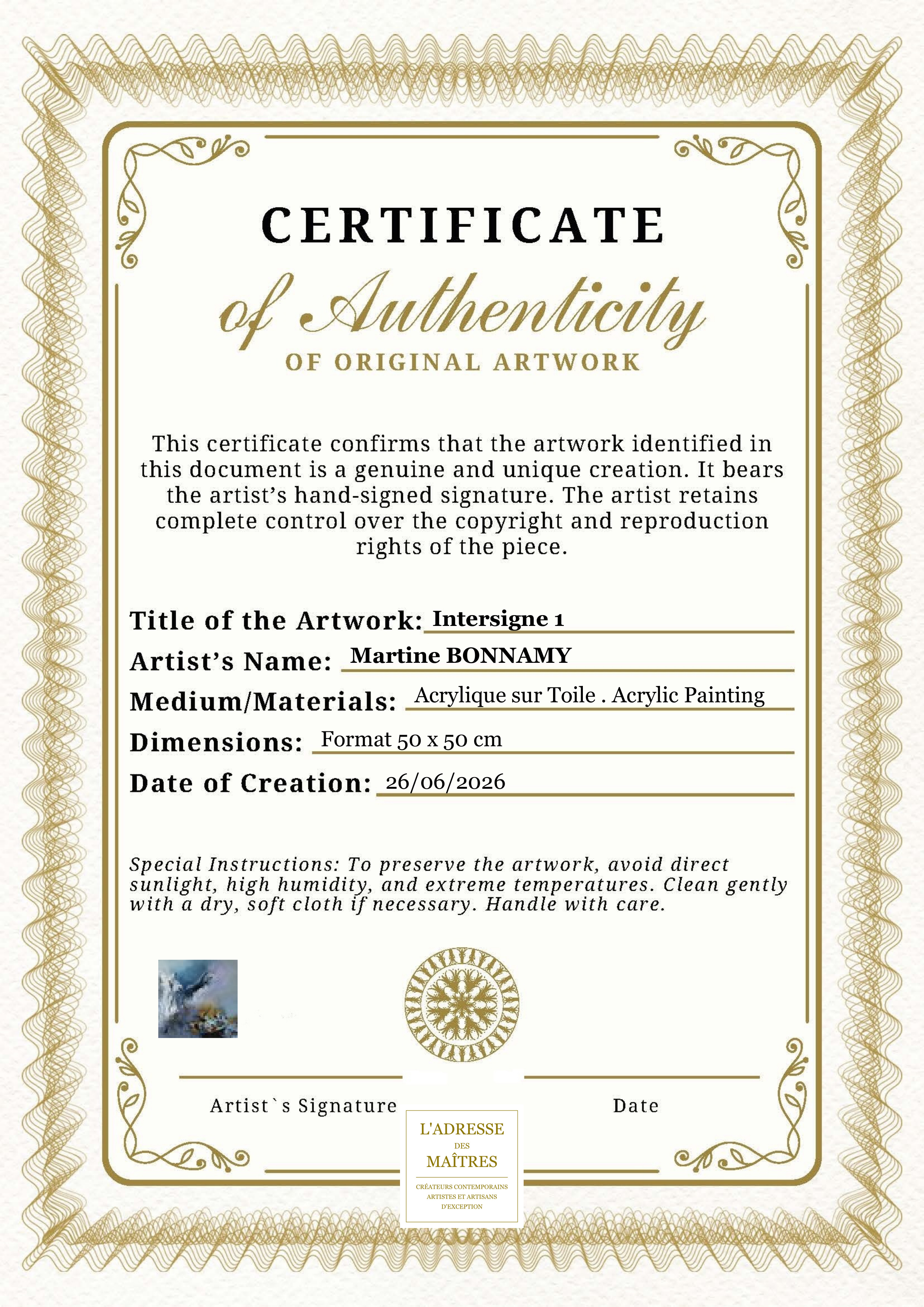 Certificat d'authenticité — Intersigne 1 — Martine BONNAMY
