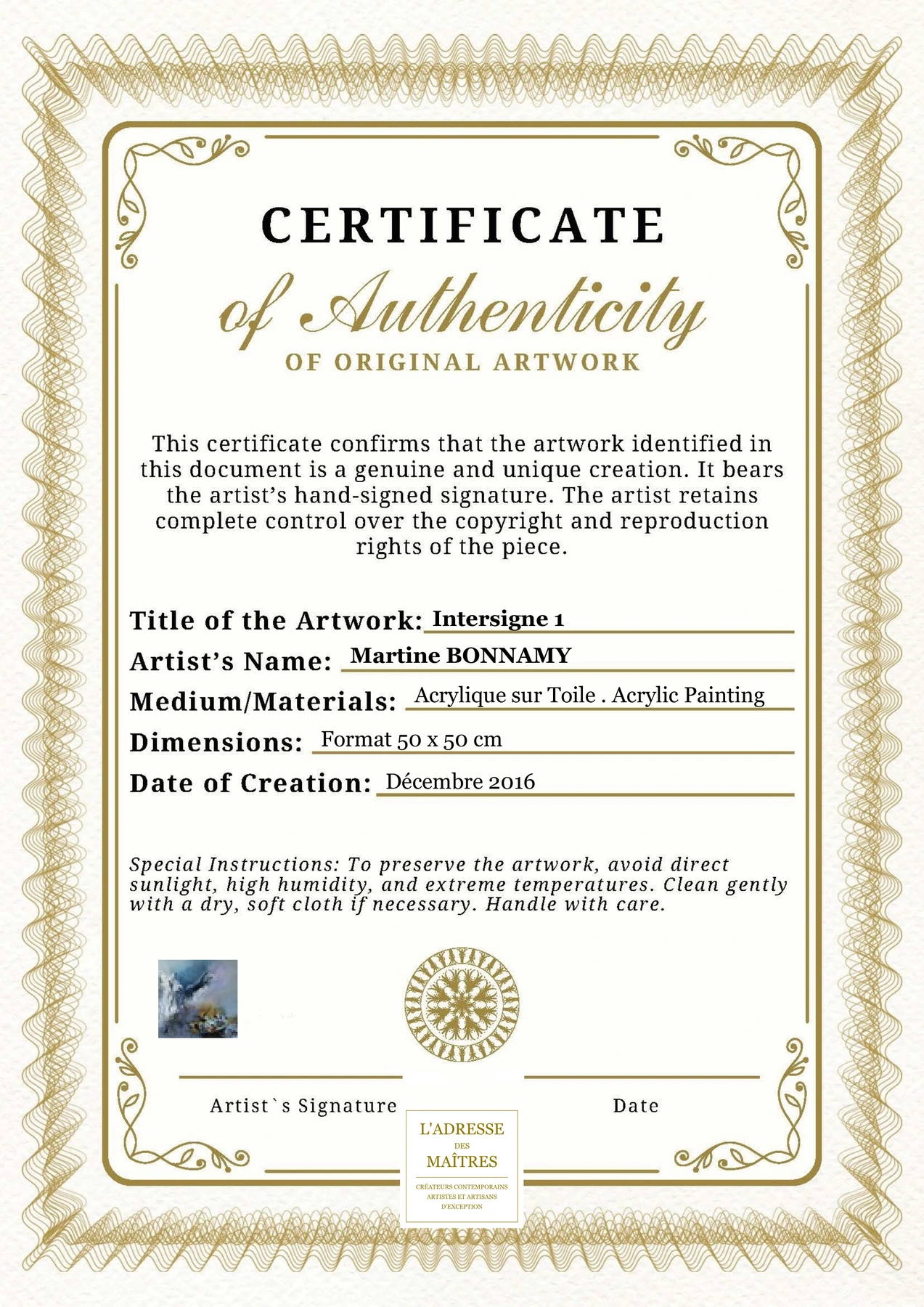 Certificat d'authenticité - Intersigne 1 - Martine BONNAMY