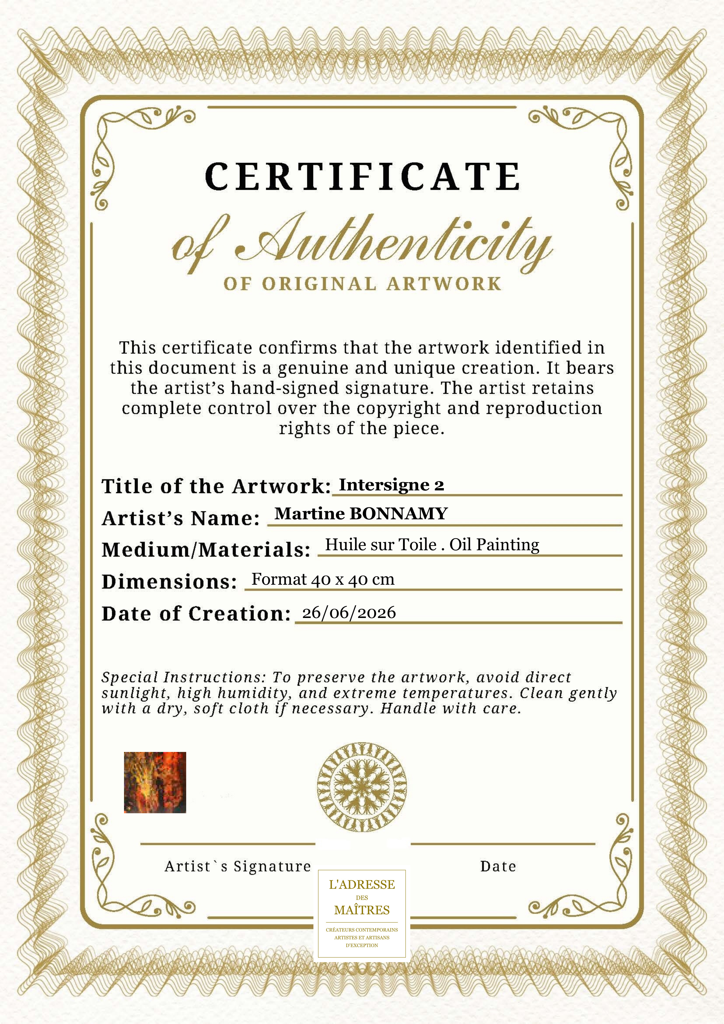 Certificat d'authenticité — Intersigne 2 — Martine BONNAMY