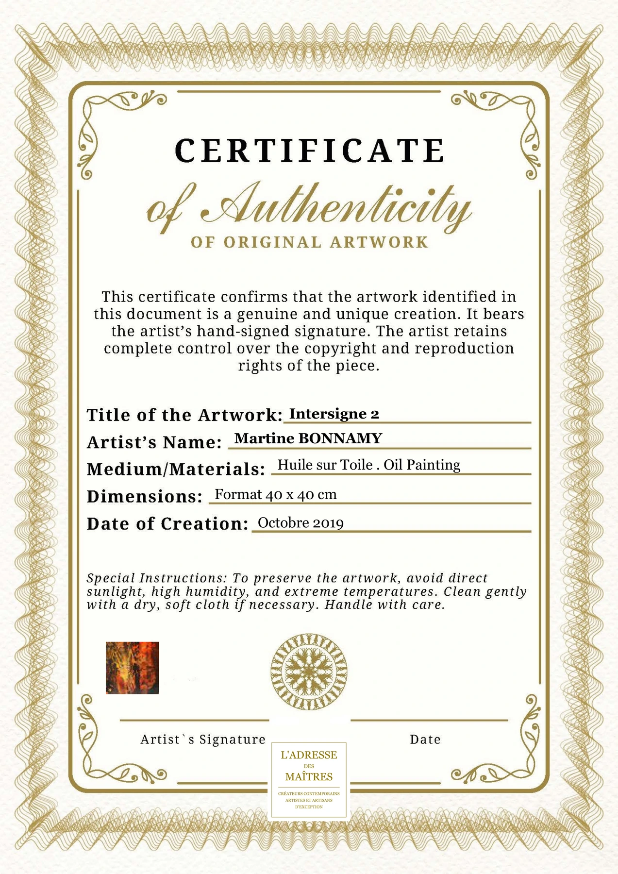 Certificat d'authenticité - Intersigne 2 - Martine BONNAMY