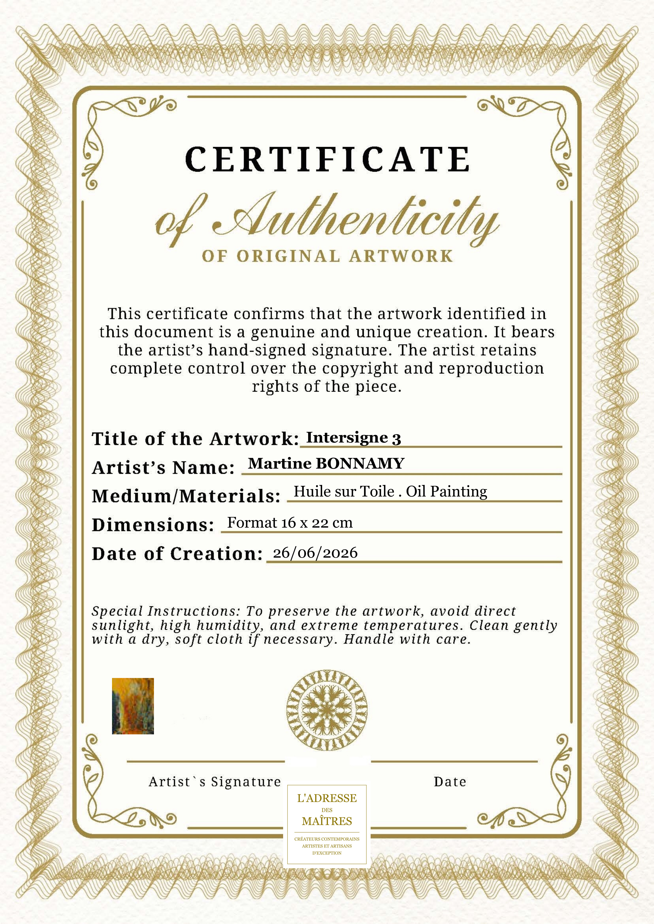 Certificat d'authenticité — Intersigne 3 — Martine BONNAMY