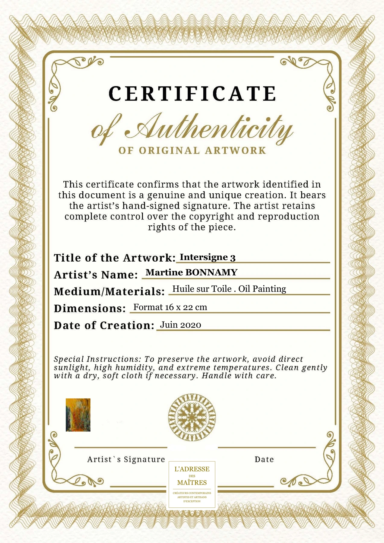 Certificat d'authenticité - Intersigne 3 - Martine BONNAMY