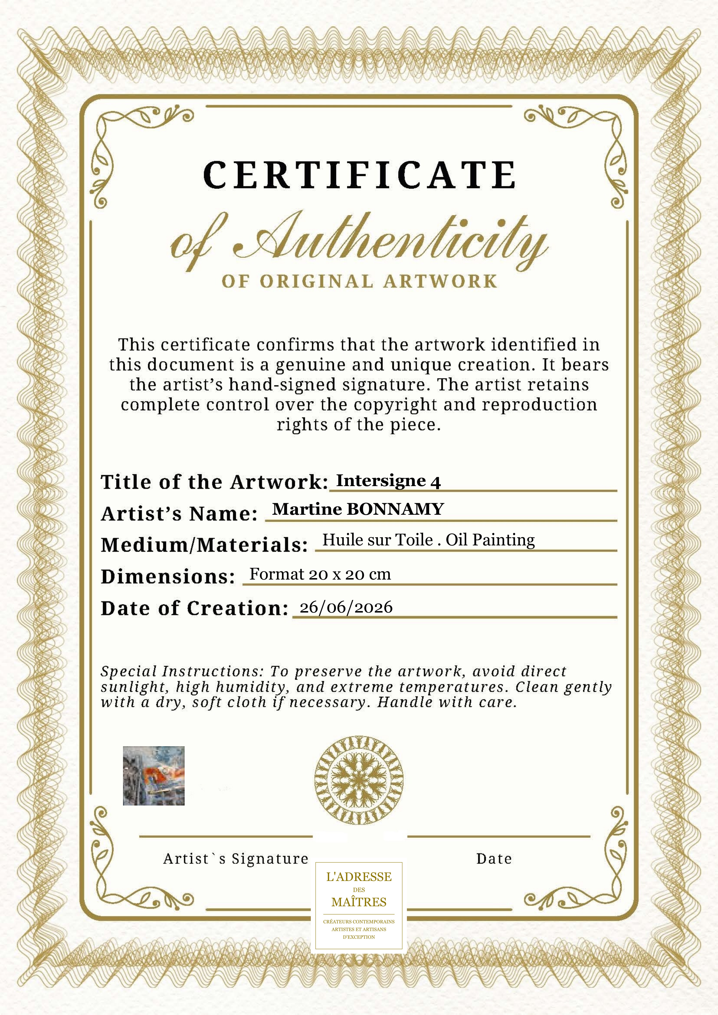 Certificat d'authenticité — Intersigne 4 — Martine BONNAMY