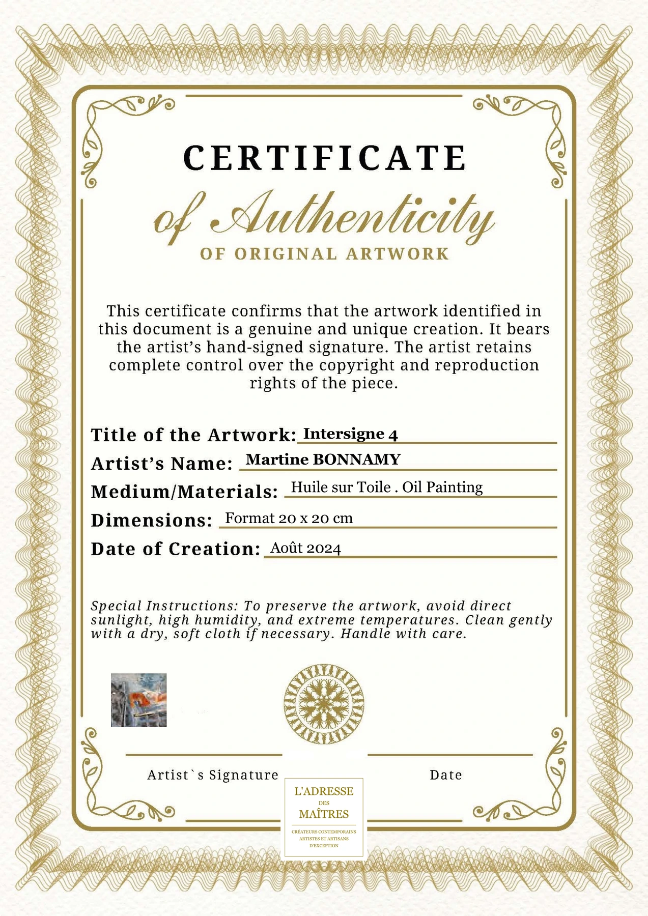 Certificat d'authenticité - Intersigne 4 - Martine BONNAMY