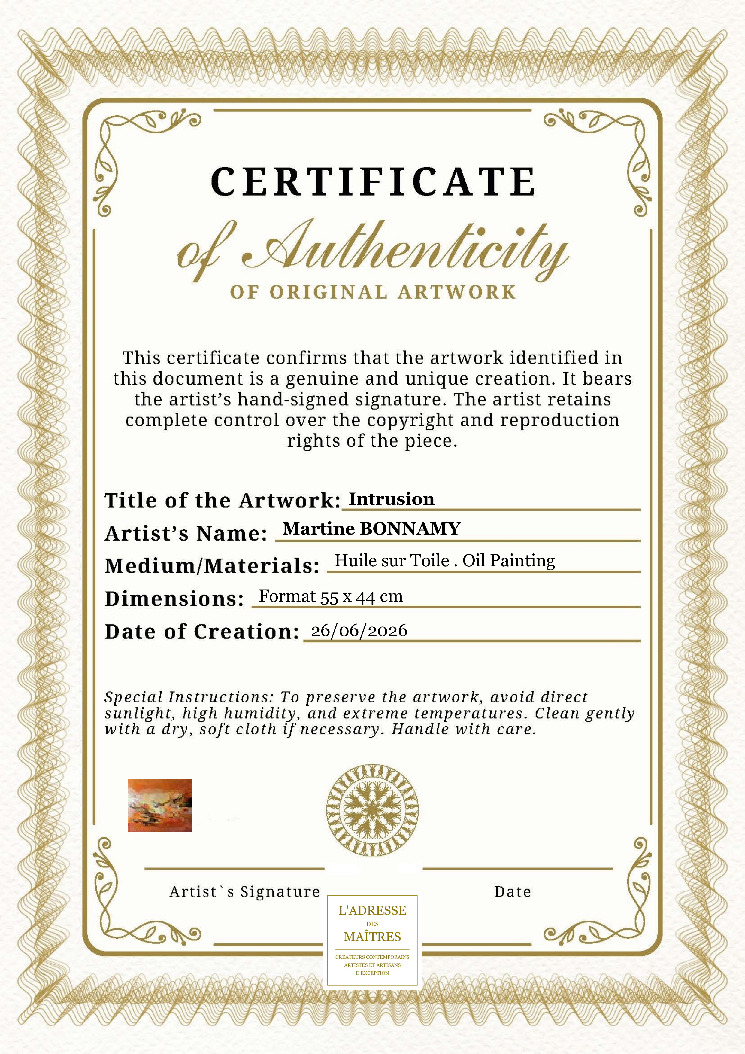 Certificat d'authenticité — Intrusion — Martine BONNAMY