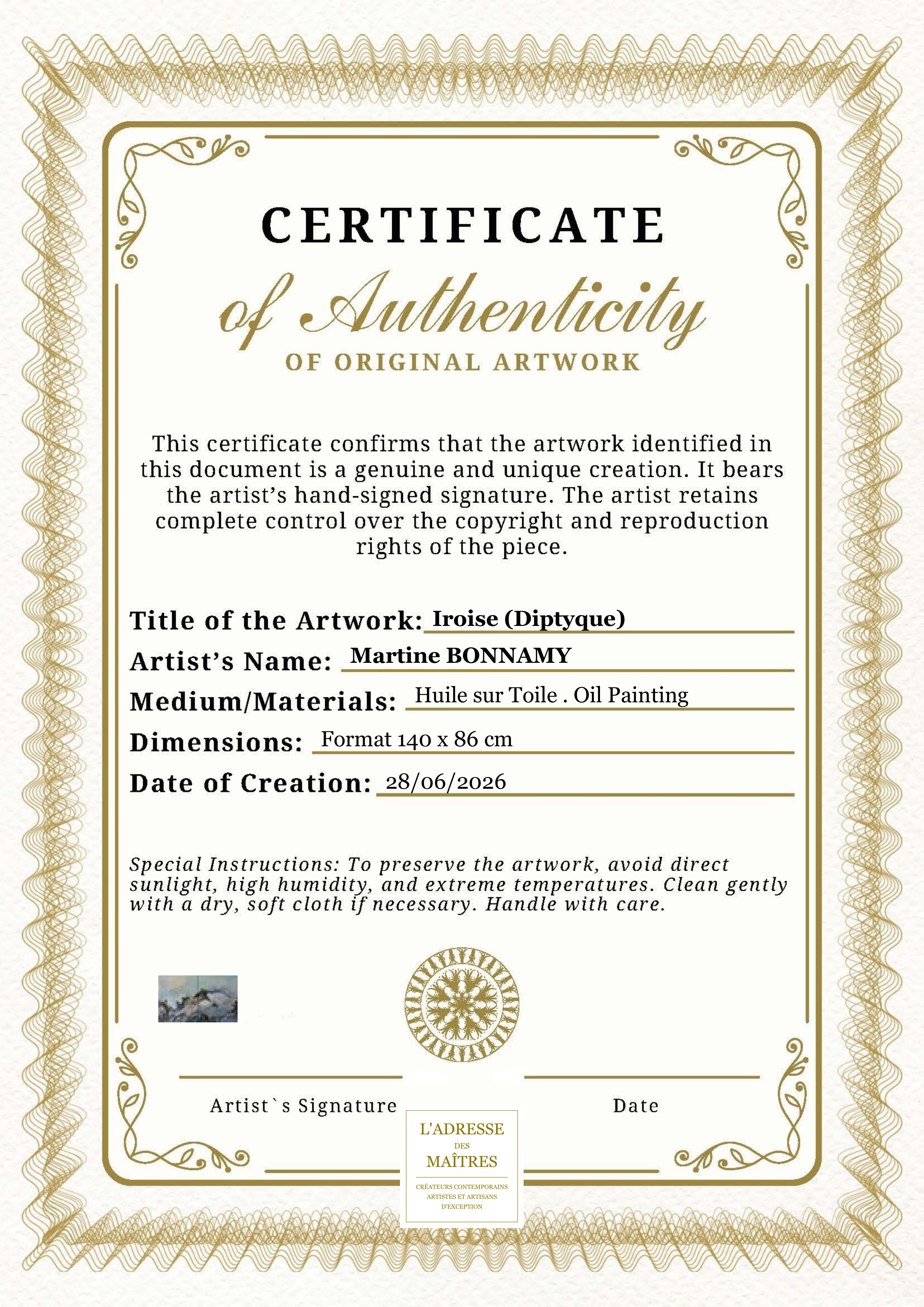 Certificat d'authenticité — Iroise (Diptyque) — Martine BONNAMY