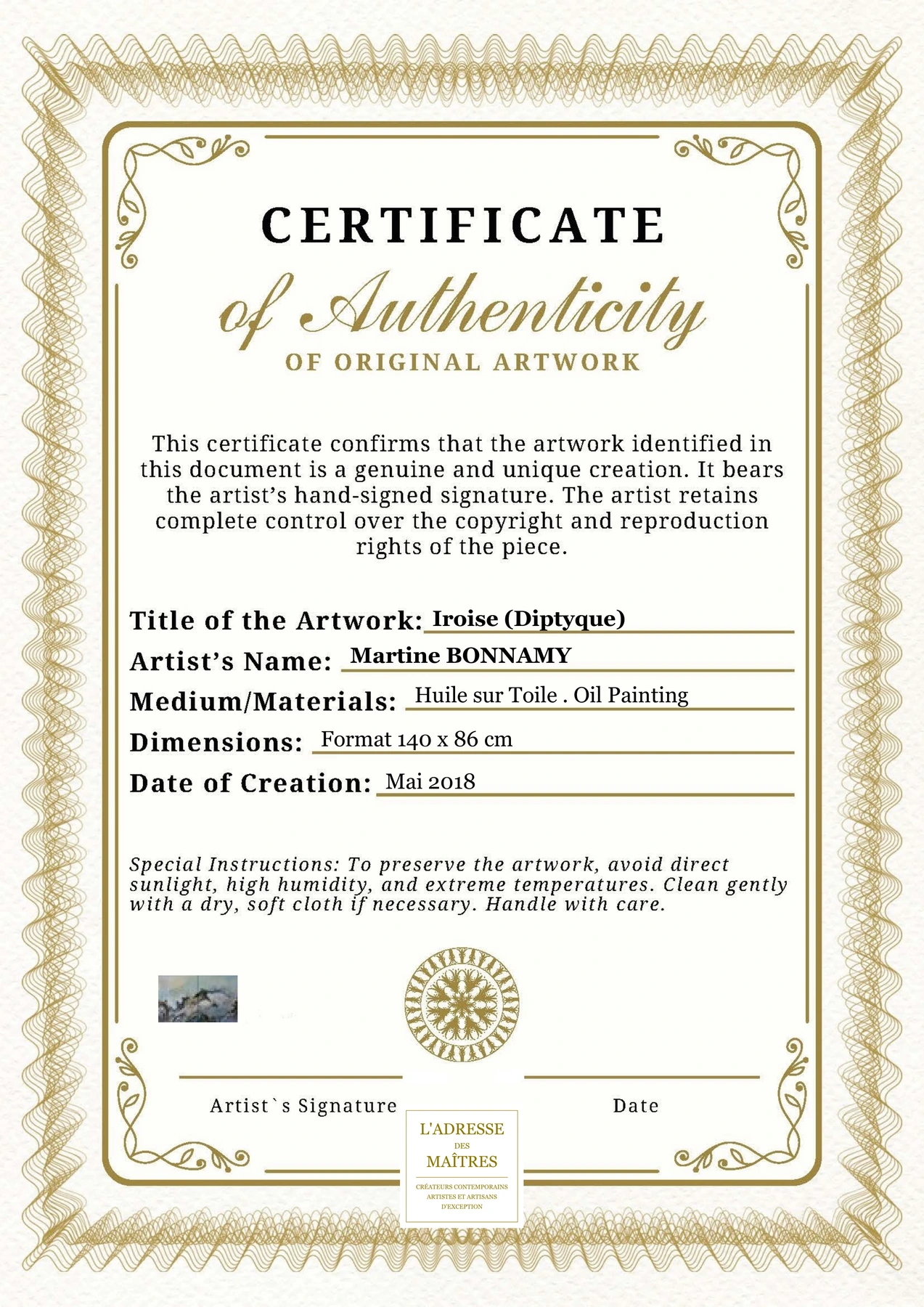 Certificat d'authenticité - Iroise (Diptyque) - Martine BONNAMY