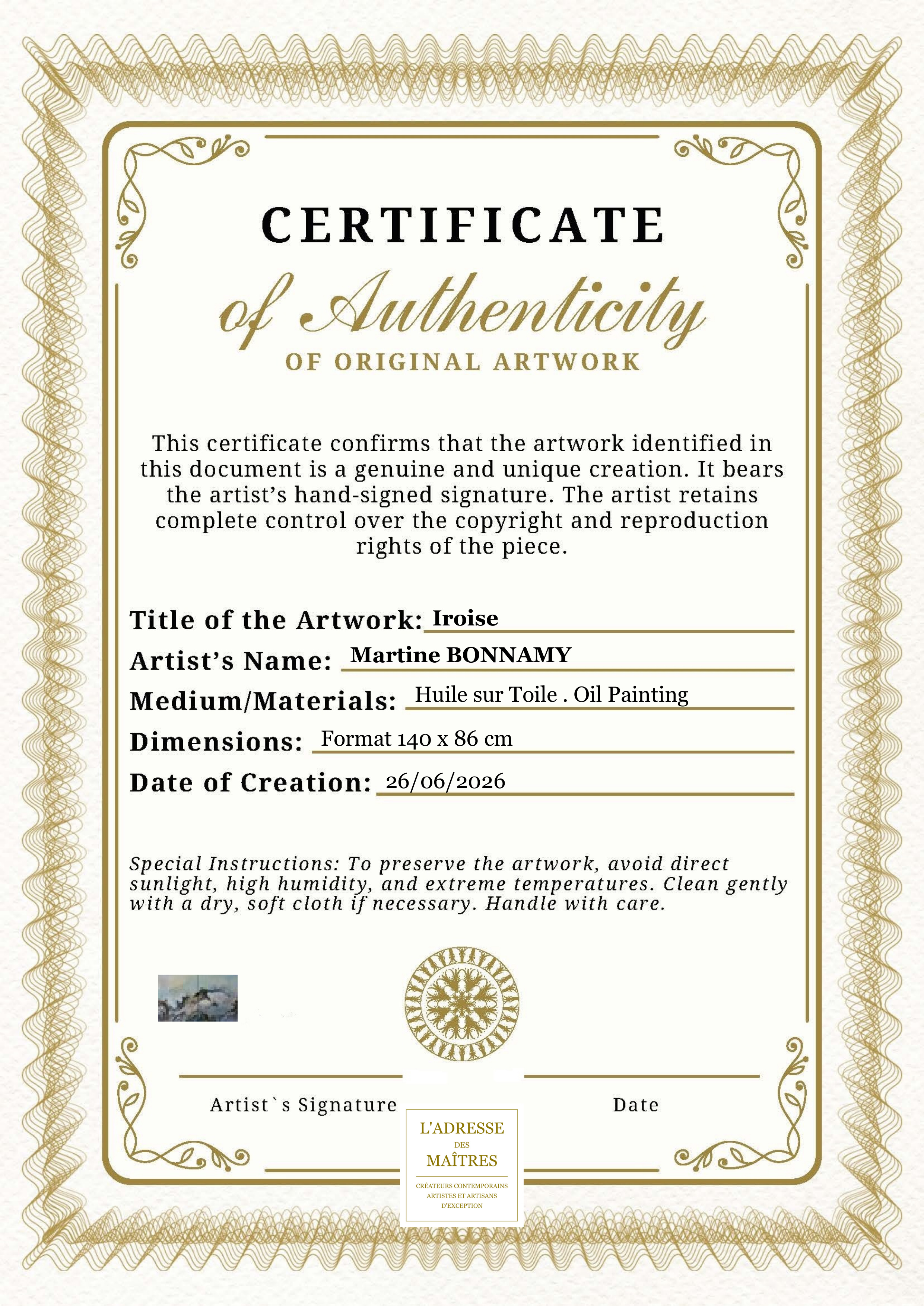 Certificat d'authenticité — Iroise — Martine BONNAMY