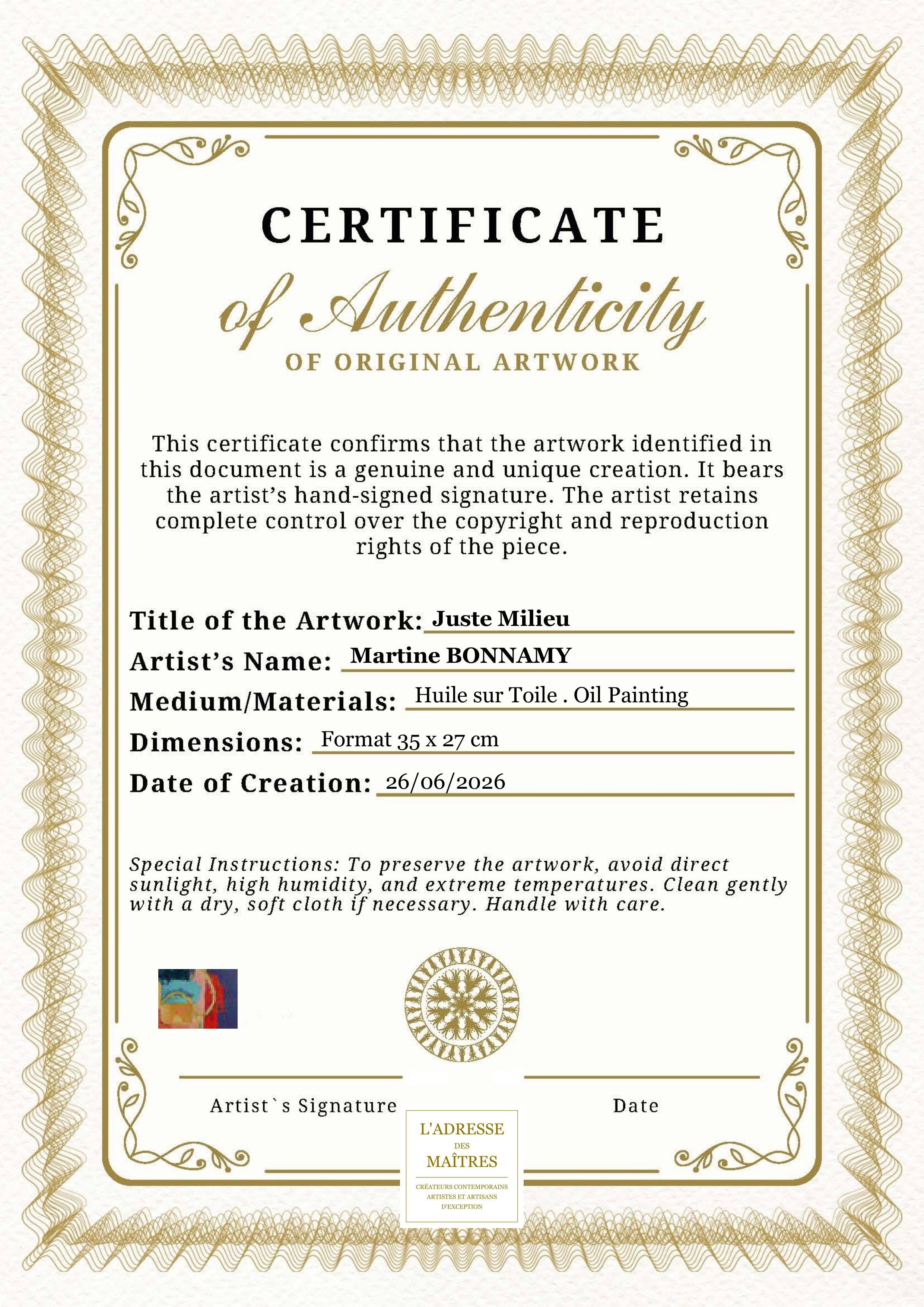 Certificat d'authenticité — Juste Milieu — Martine BONNAMY