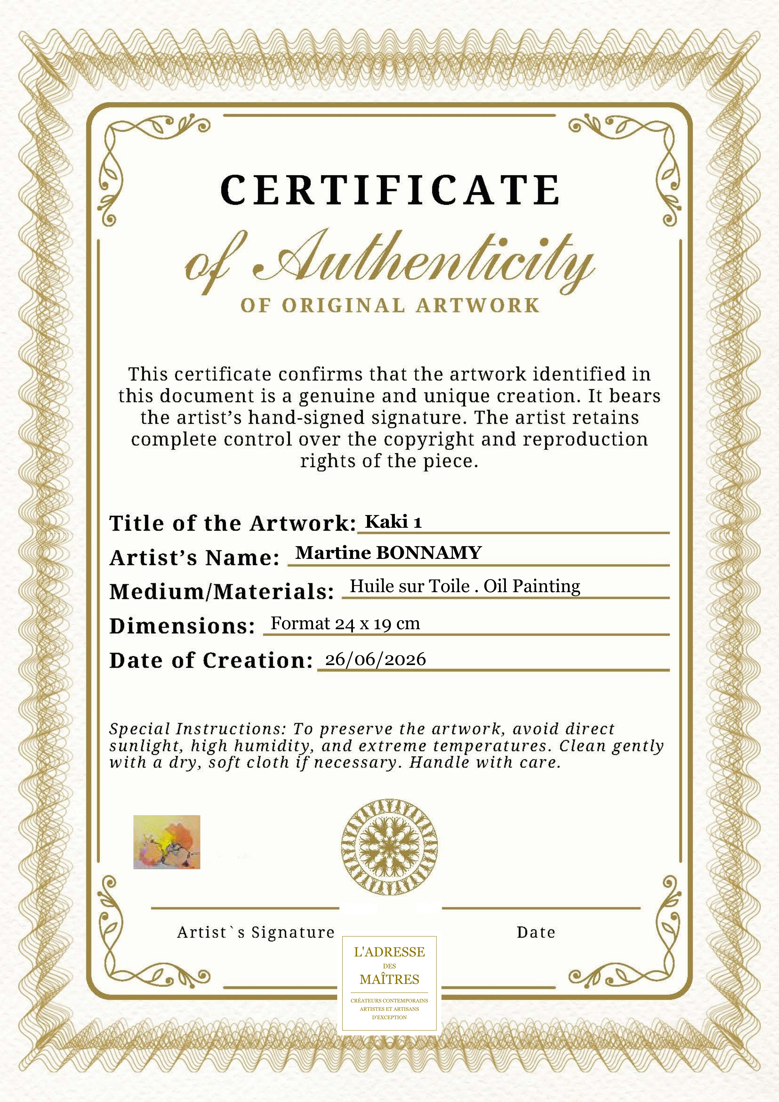 Certificat d'authenticité — Kaki 1 — Martine BONNAMY