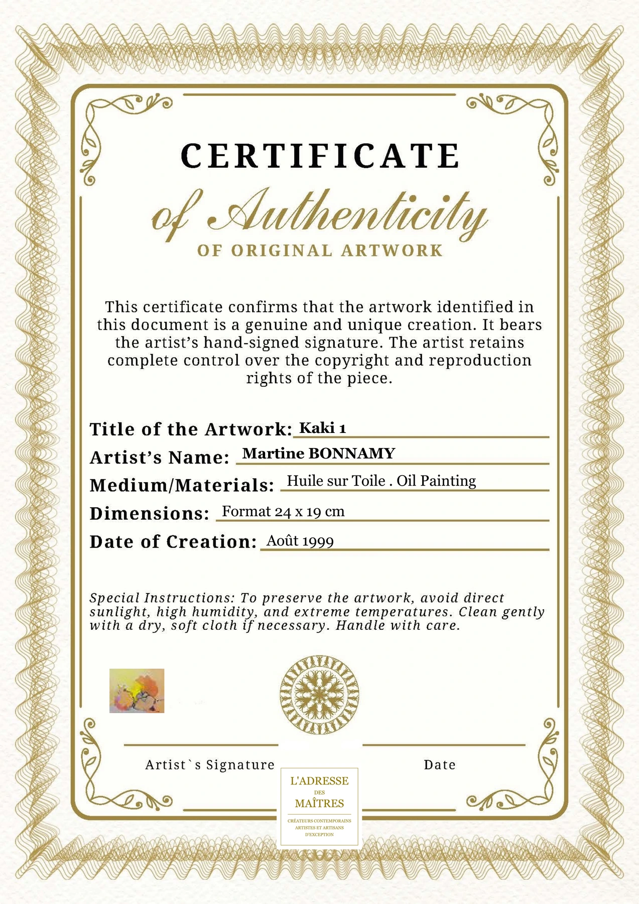 Certificat d'authenticité - Kaki 1 - Martine BONNAMY