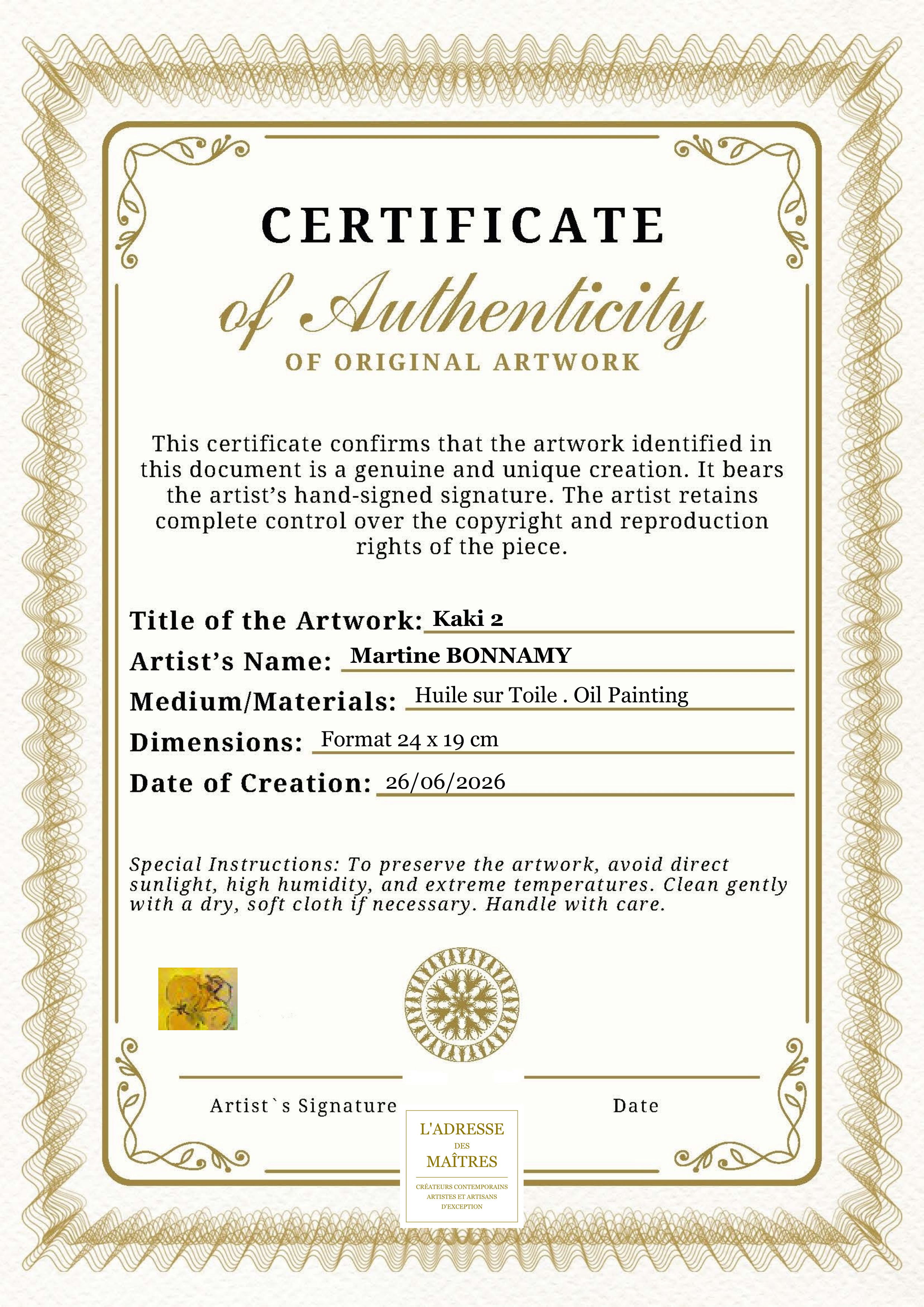 Certificat d'authenticité — Kaki 2 — Martine BONNAMY