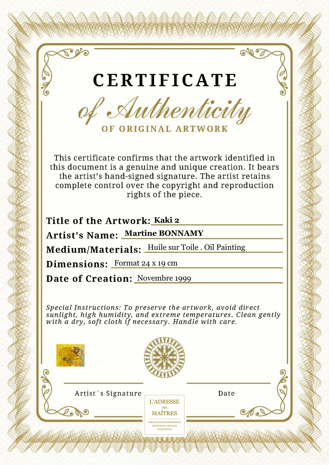 Certificat d'authenticité - Kaki 2 - Martine BONNAMY