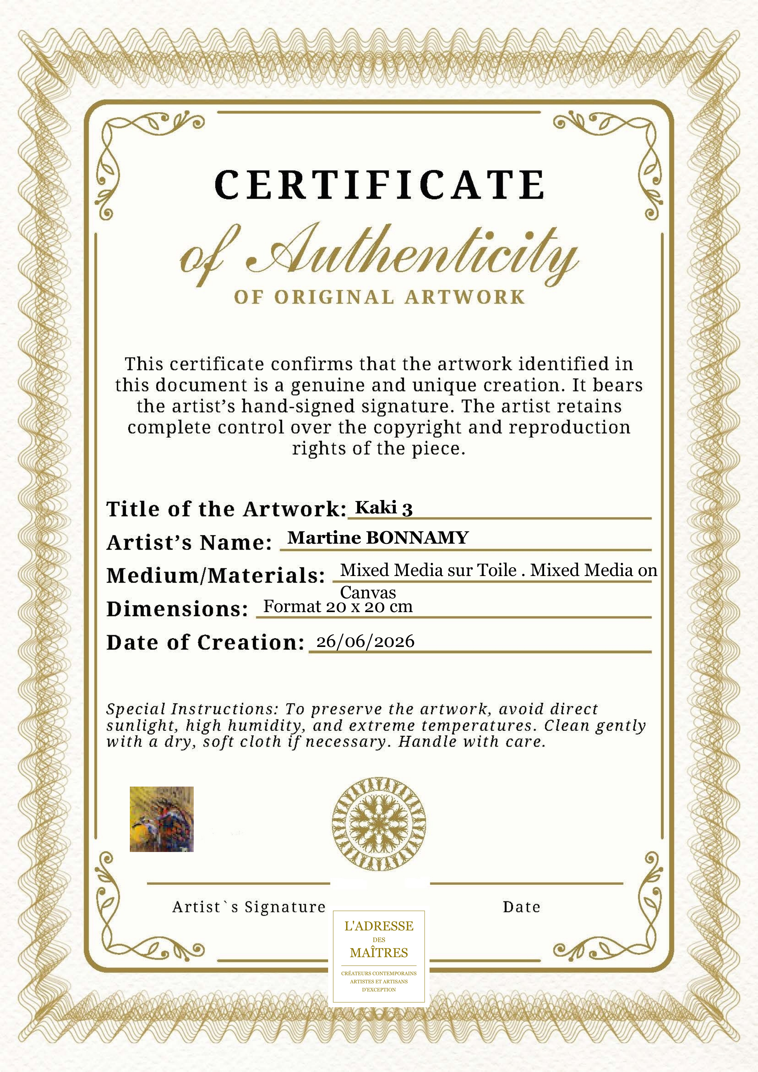 Certificat d'authenticité — Kaki 3 — Martine BONNAMY