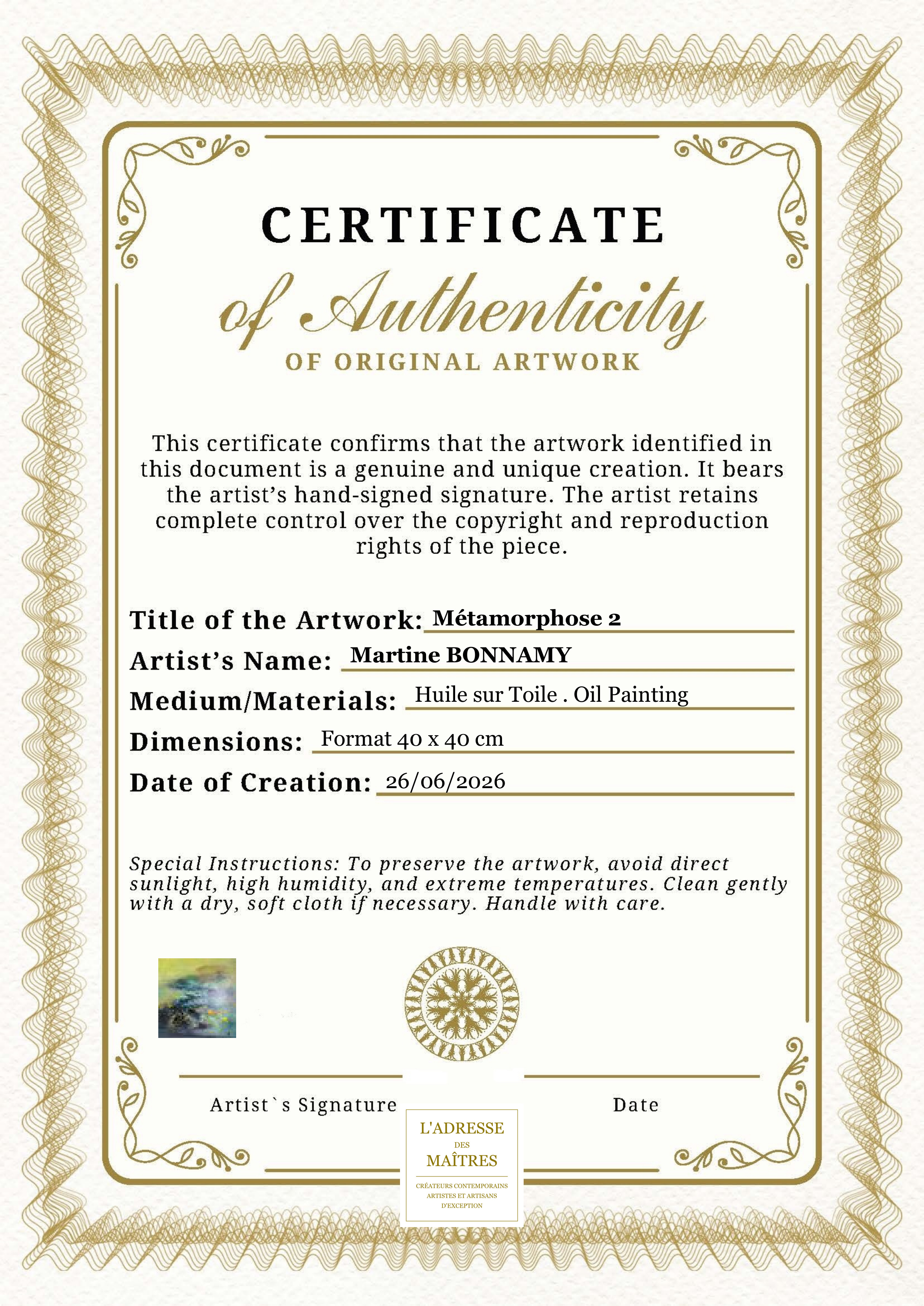 Certificat d'authenticité — Métamorphose 2 — Martine BONNAMY