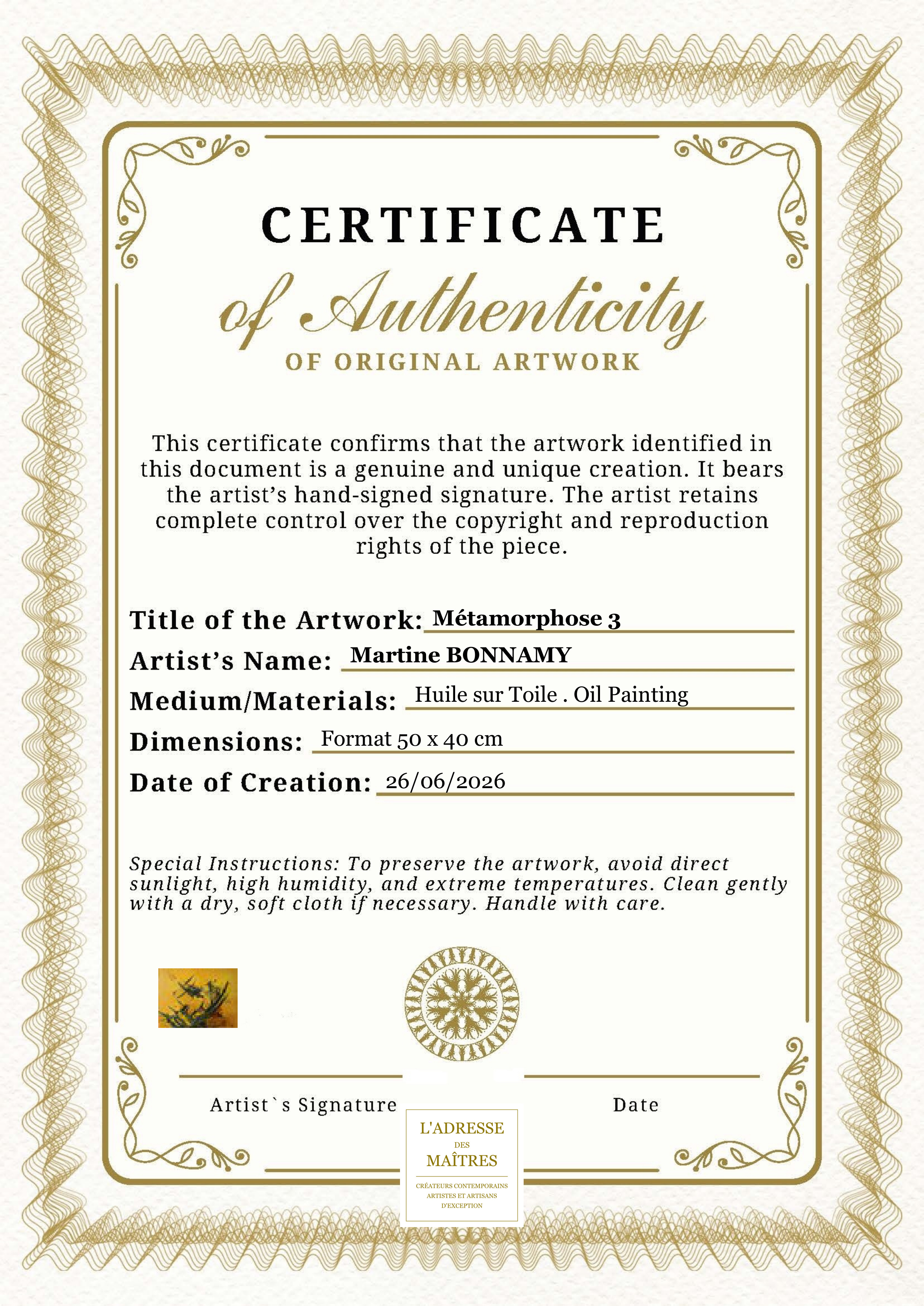Certificat d'authenticité — Métamorphose 3 — Martine BONNAMY
