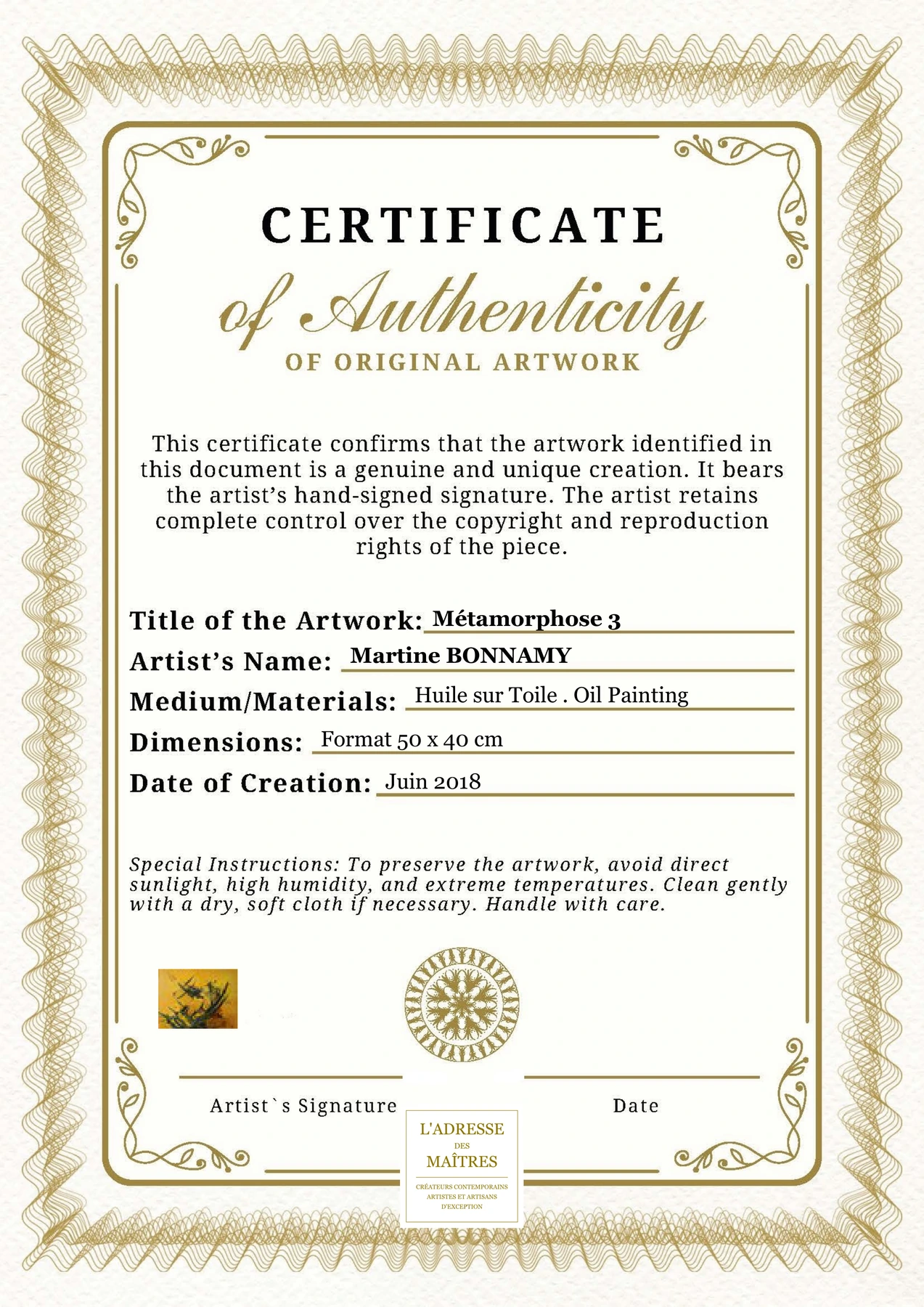 Certificat d'authenticité - Métamorphose 3 - Martine BONNAMY