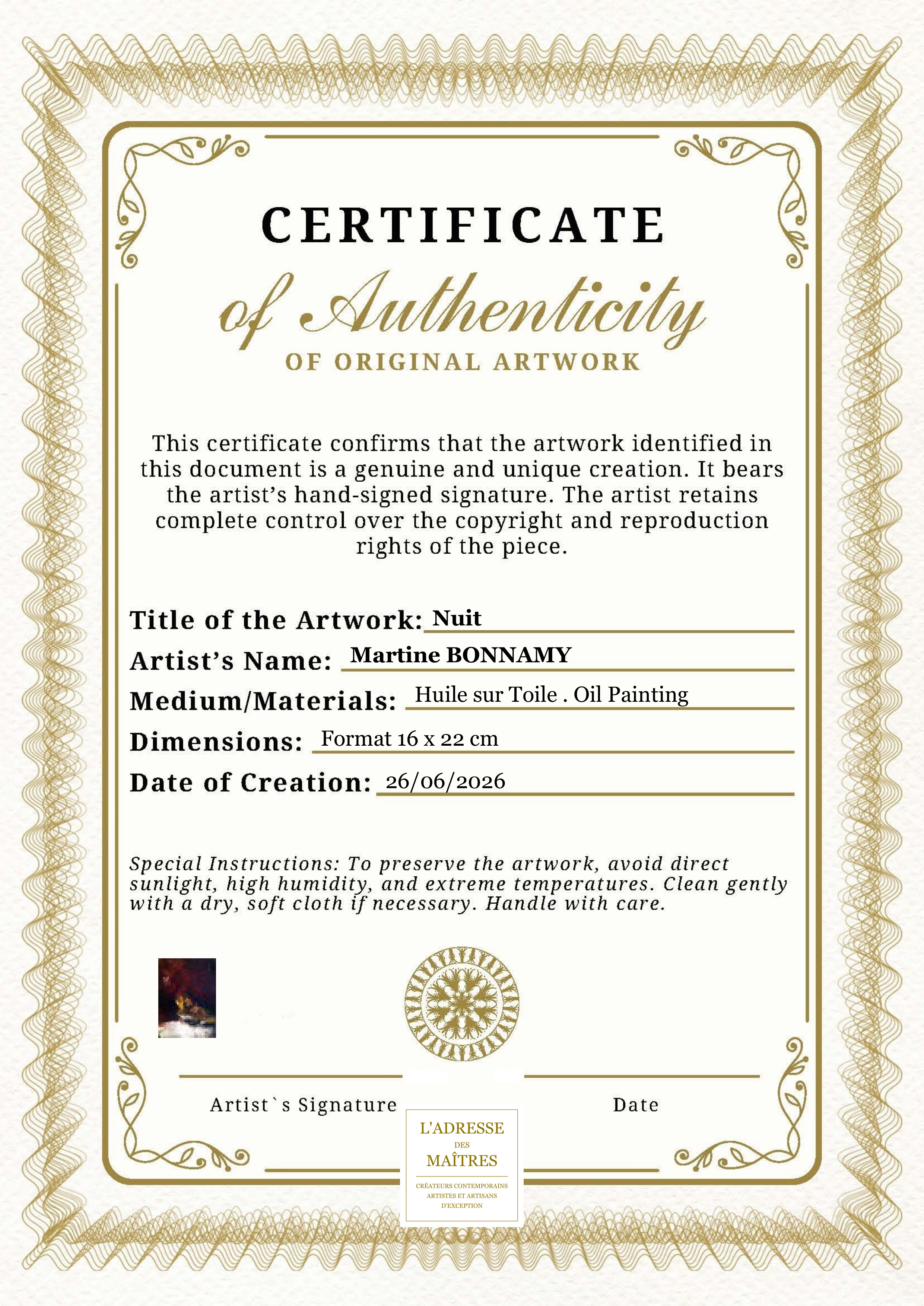 Certificat d'authenticité — Nuit — Martine BONNAMY