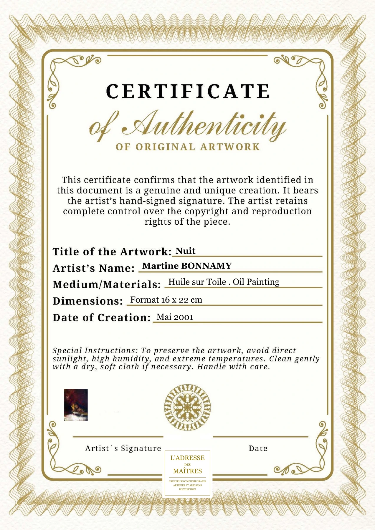 Certificat d'authenticité - Nuit - Martine BONNAMY