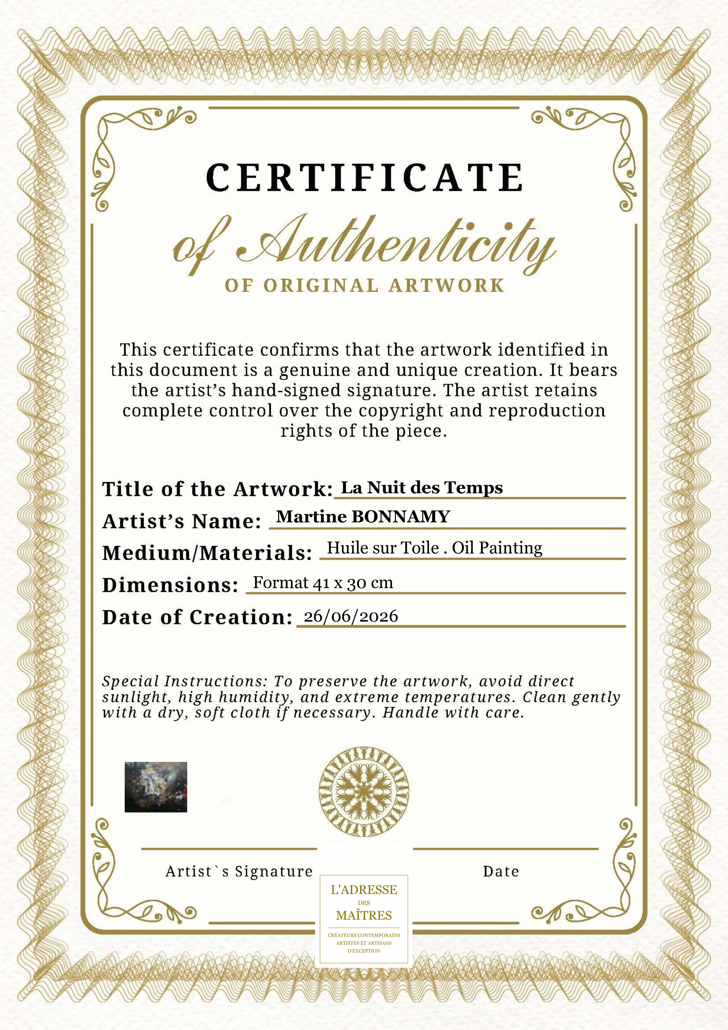 Certificat d'authenticité — La Nuit des Temps — Martine BONNAMY