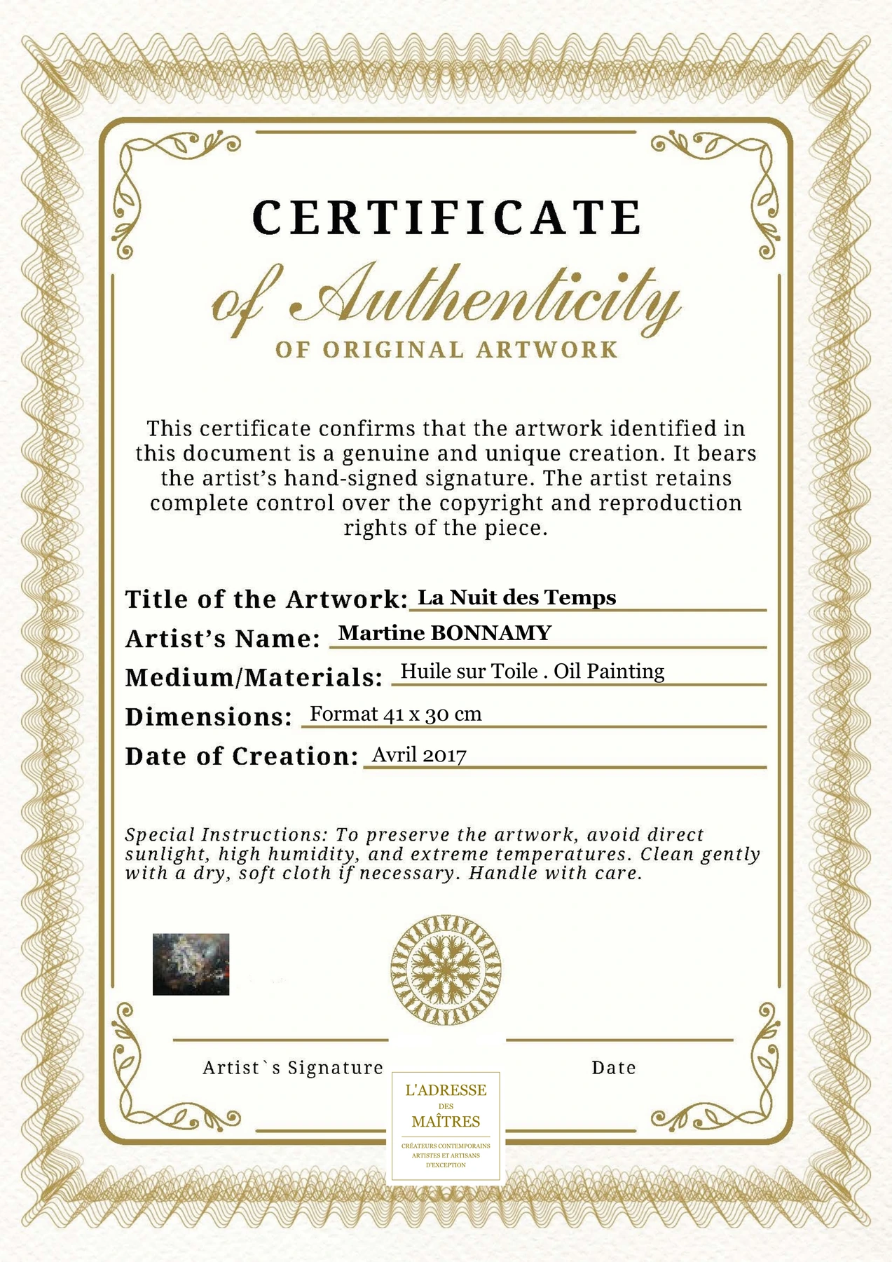 Certificat d'authenticité - La Nuit des Temps - Martine BONNAMY