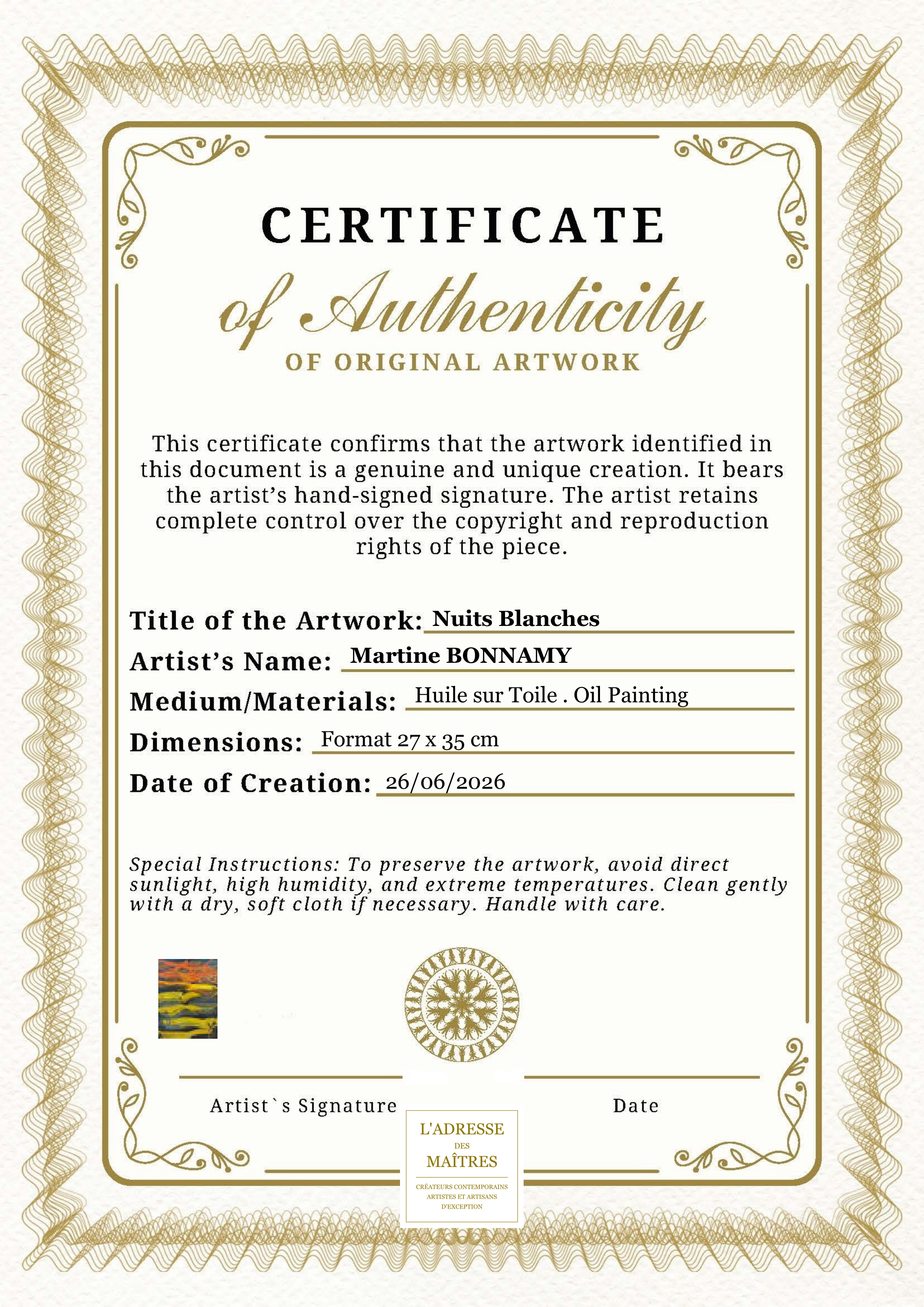 Certificat d'authenticité — Nuits Blanches — Martine BONNAMY