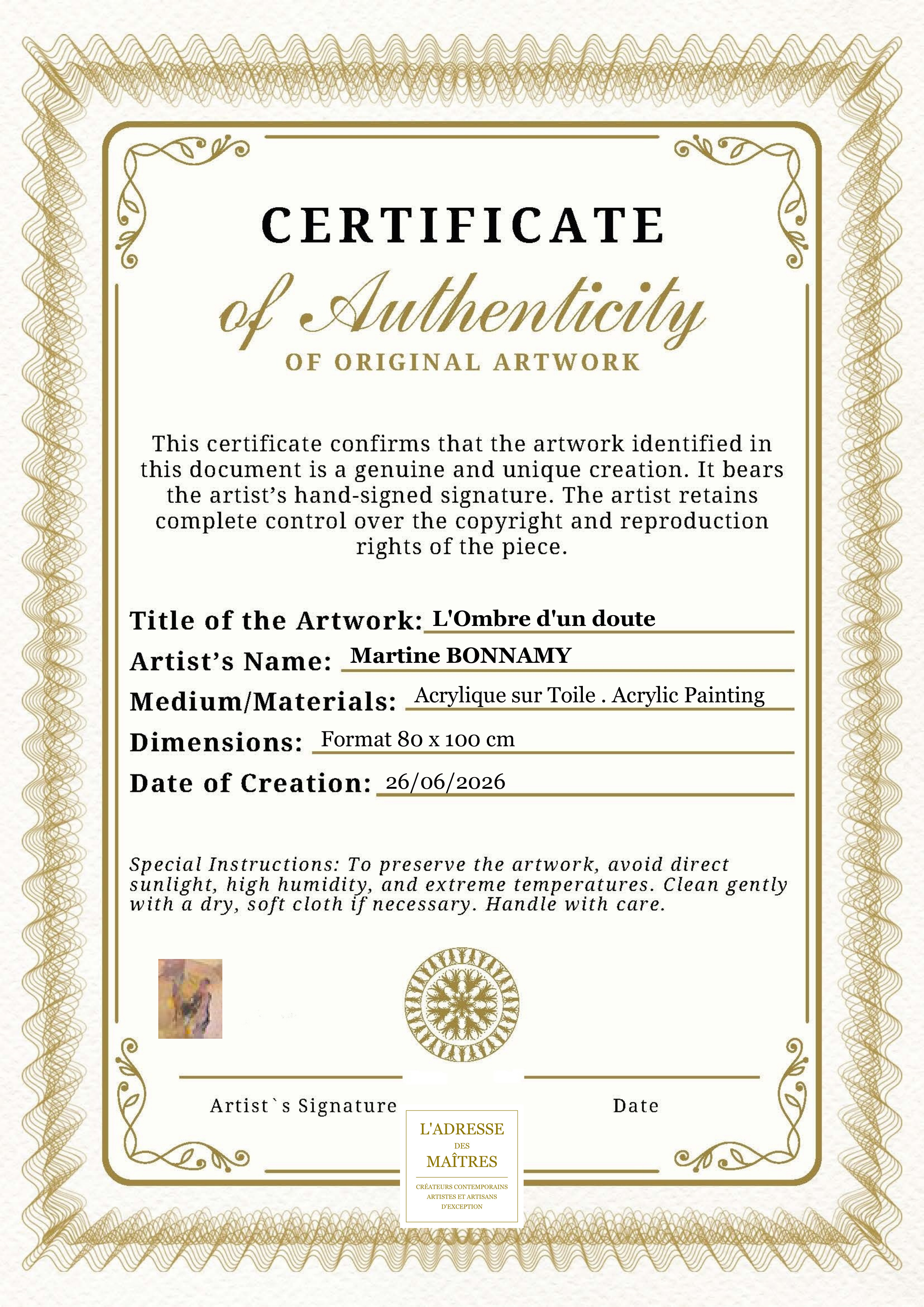 Certificat d'authenticité — L'Ombre d'un doute — Martine BONNAMY