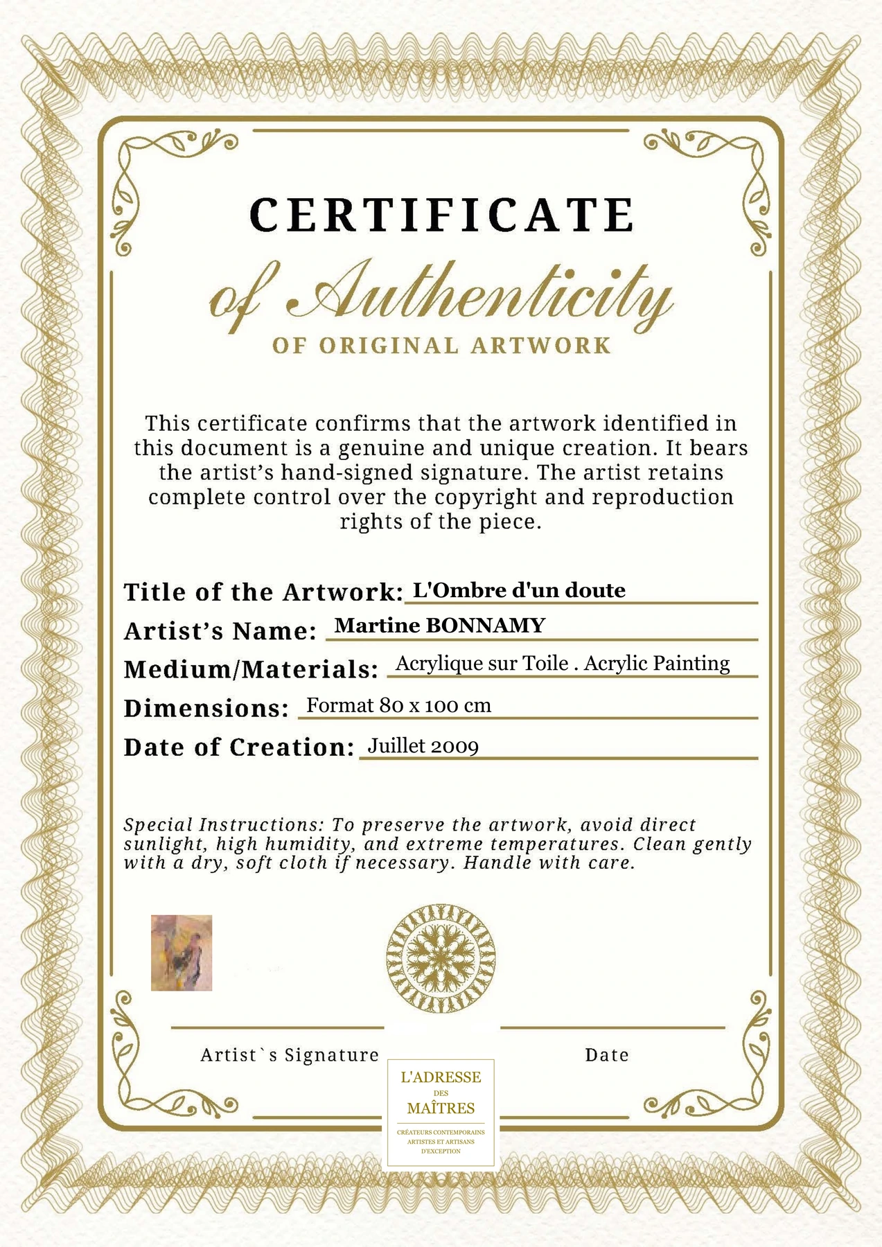 Certificat d'authenticité - L'Ombre d'un doute - Martine BONNAMY