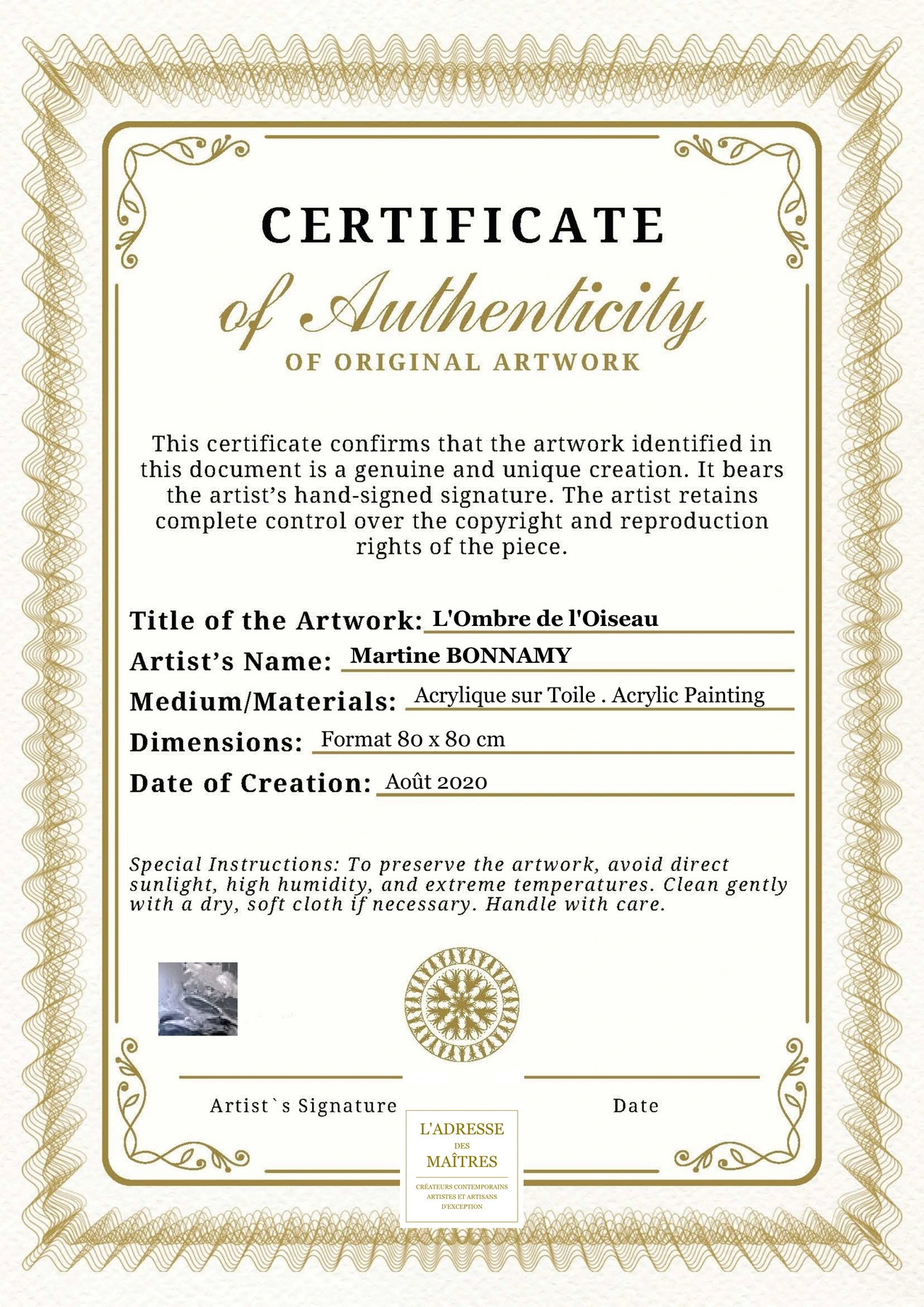 Certificat d'authenticité - L'Ombre de l'Oiseau - Martine BONNAMY