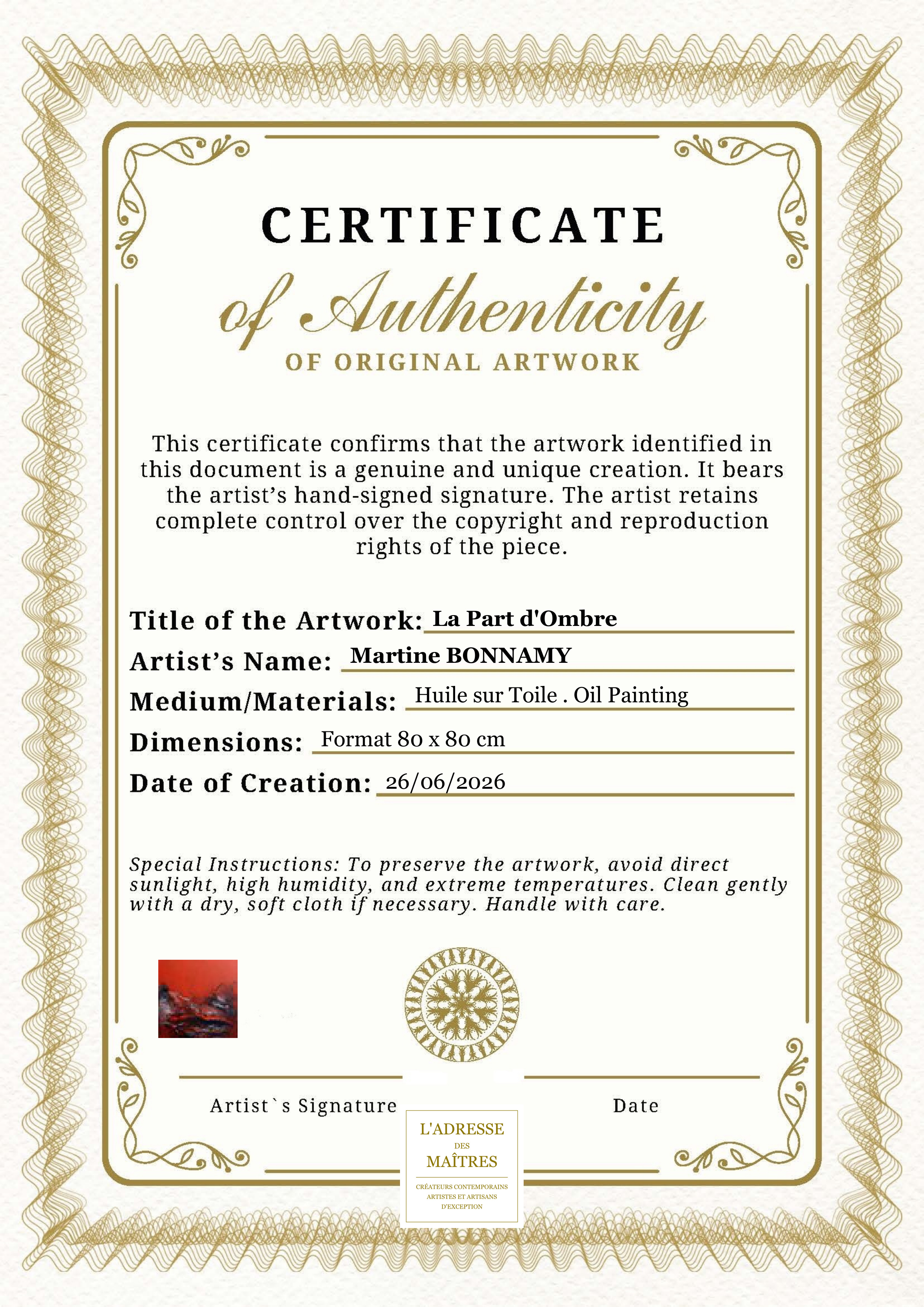 Certificat d'authenticité — La Part d'Ombre — Martine BONNAMY