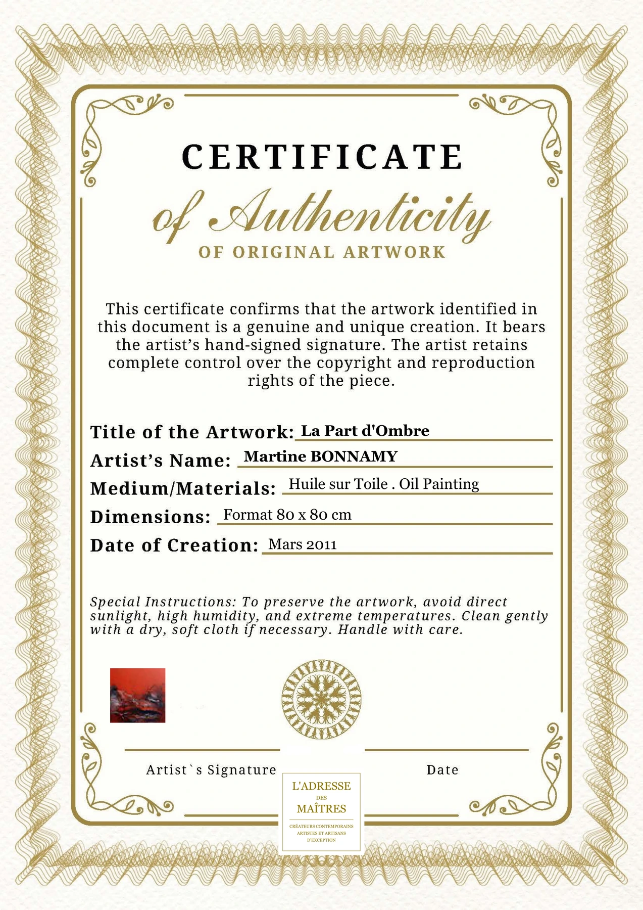 Certificat d'authenticité - La Part d'Ombre - Martine BONNAMY