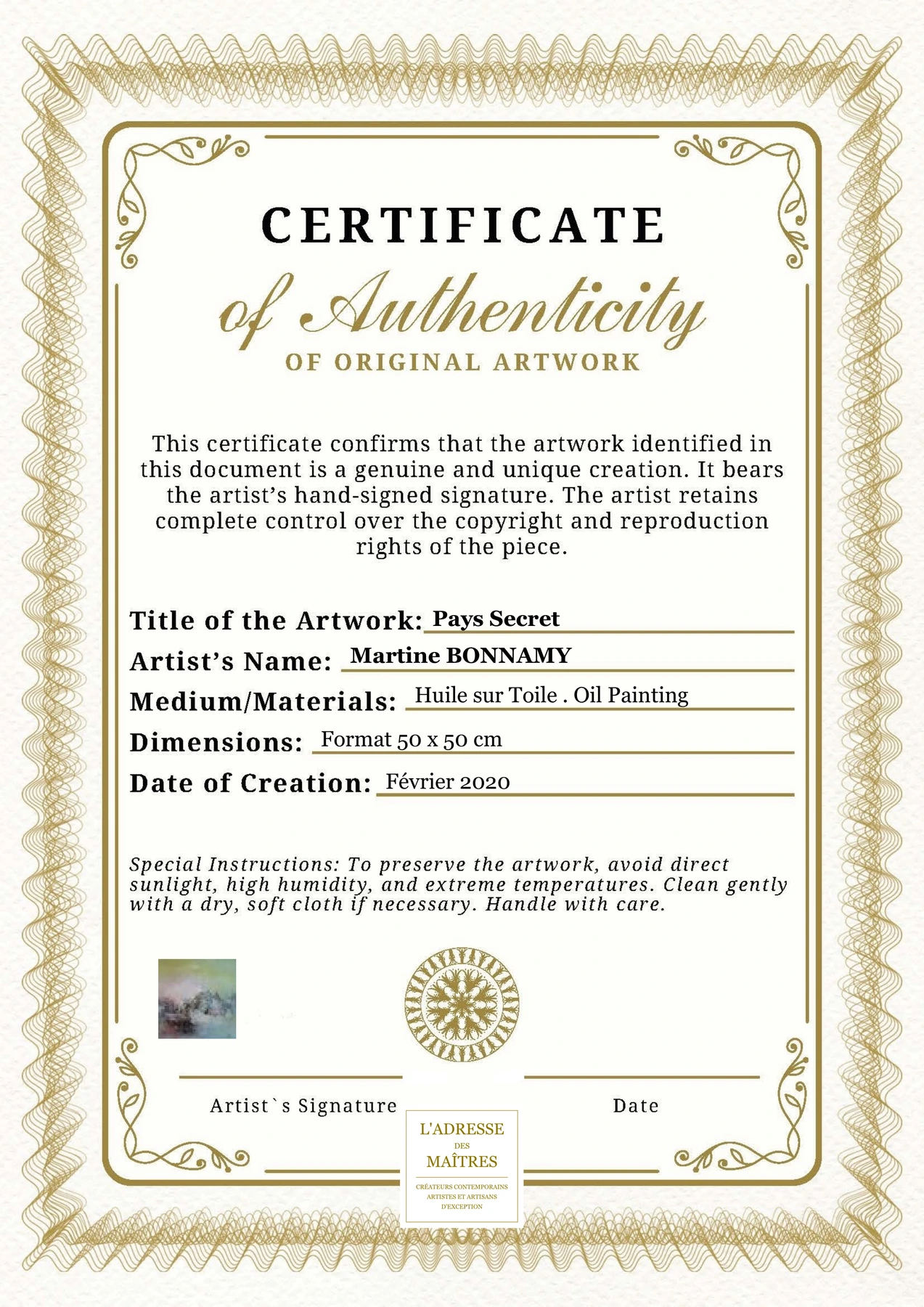 Certificat d'authenticité - Pays Secret - Martine BONNAMY